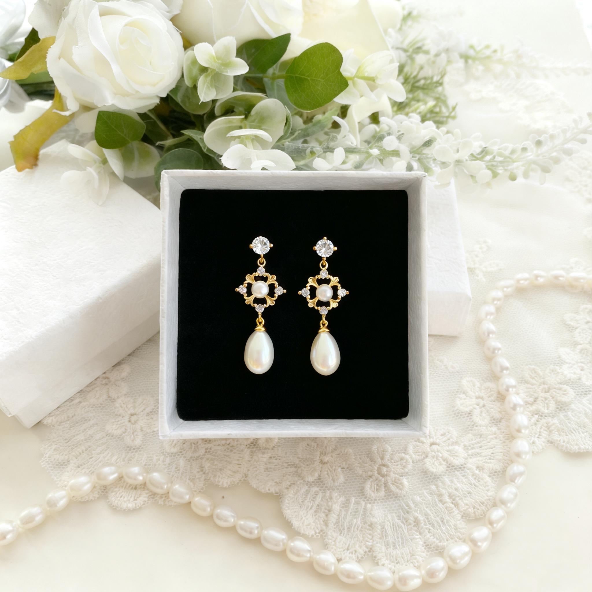 EcloraTreasures Freshwater Pearl Drop Earrings 7mm Gold Tone Bridal