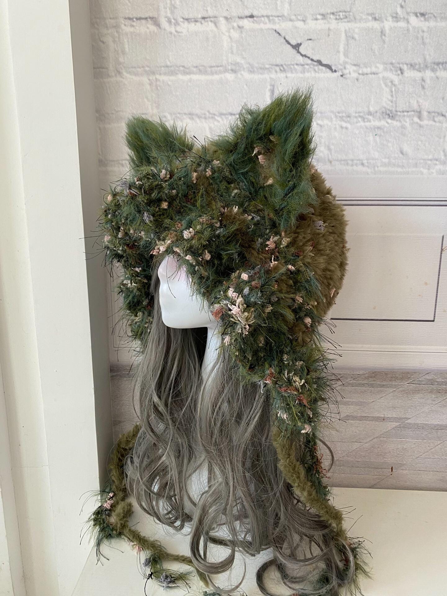 Handmade Moss Green Cat Ear Hood: Fuzzy Knit Fairycore Beanie