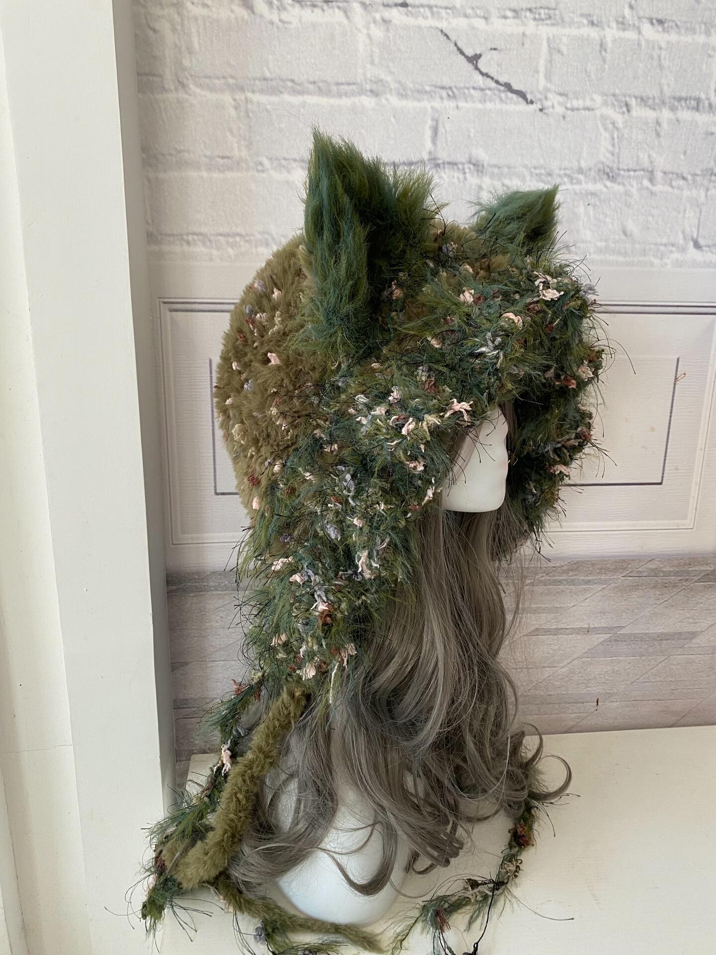 StellarPride Moss Green Cat Ear Hood Fuzzy Knit Fairycore Beanie