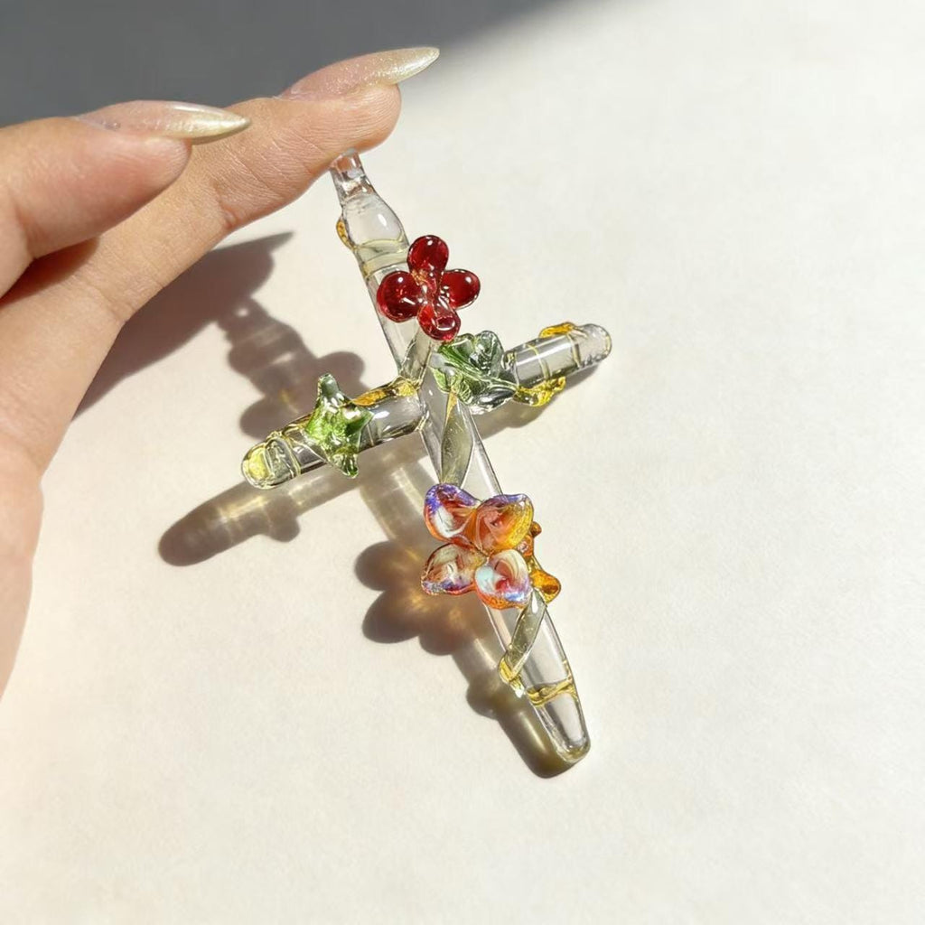 MourningGardenStudio Handmade Lampwork Glass Cross Pendant Clear Floral Vine