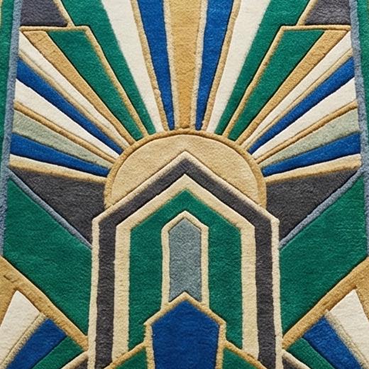 Art Deco Sunburst Hand Tufted Wool Rug Emerald Green Royal Blue