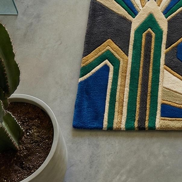 Art Deco Sunburst Hand Tufted Wool Rug Emerald Green Royal Blue