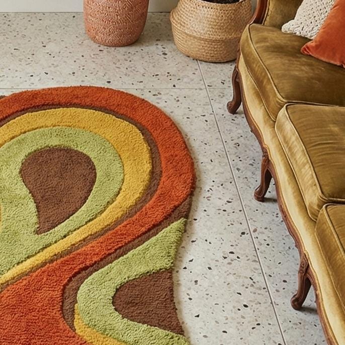RugverseCreations Retro 70s Psychedelic Swirl Hand Tufted Wool Rug