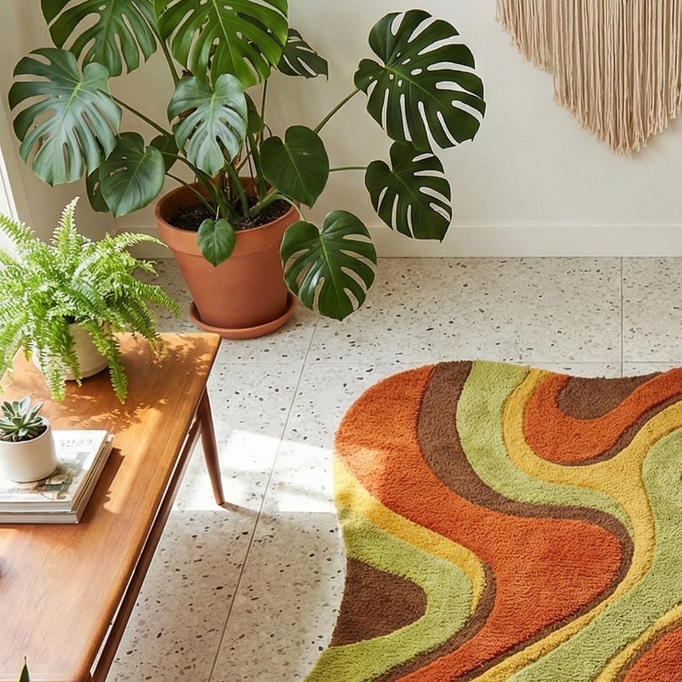 RugverseCreations Retro 70s Psychedelic Swirl Hand Tufted Wool Rug