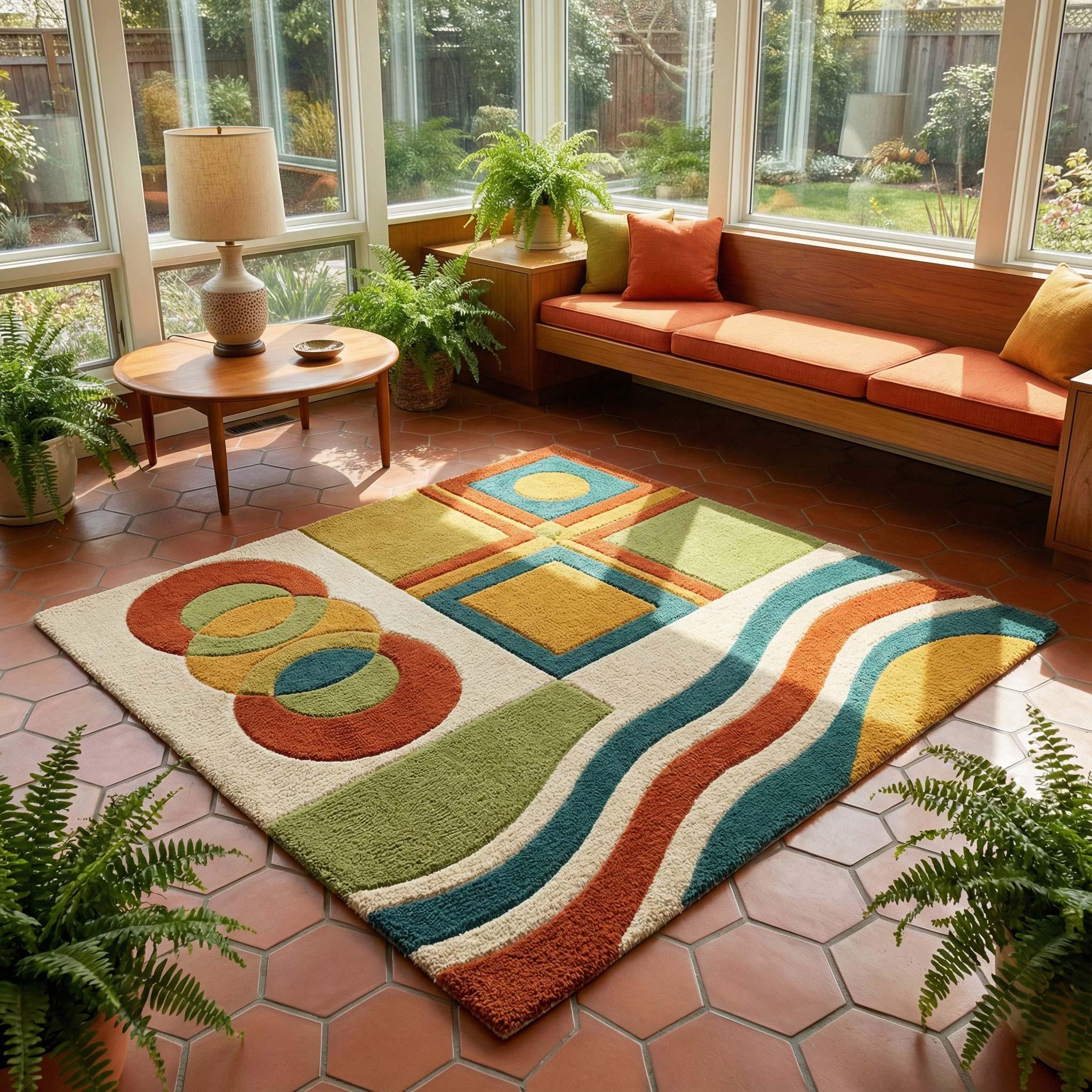 RugverseCreations Mid Century Modern Abstract Square Wool Rug - Hand Tufted