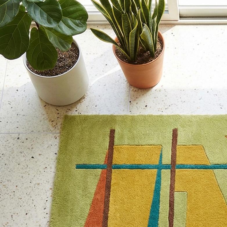 Mid Century Modern Geometric Hand Tufted Wool Rug Mustard Teal Rust
