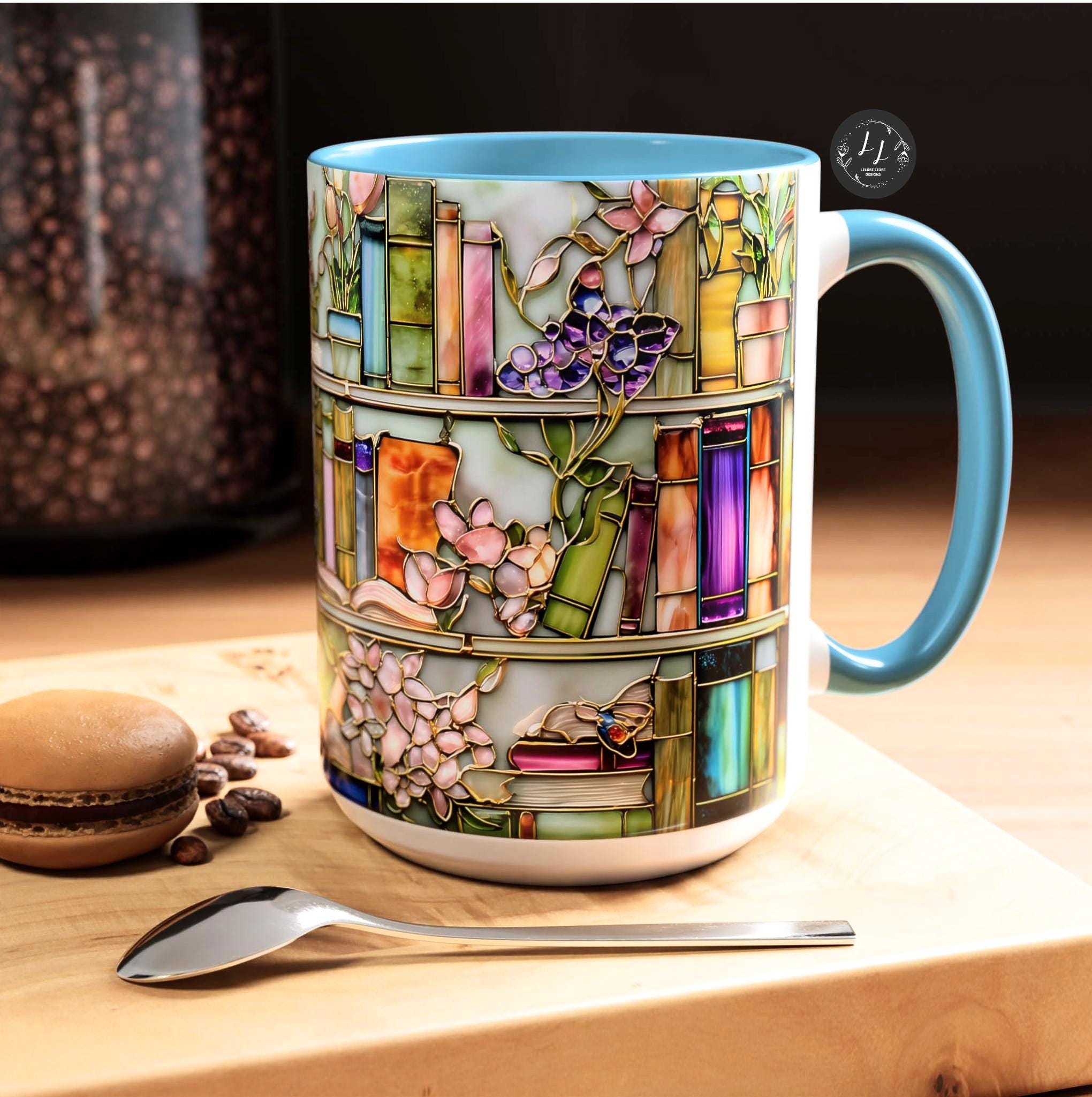 LELORESTORE Floral Bookshelf Coffee Mug Faux Stained Glass Ceramic Book Lover Gift