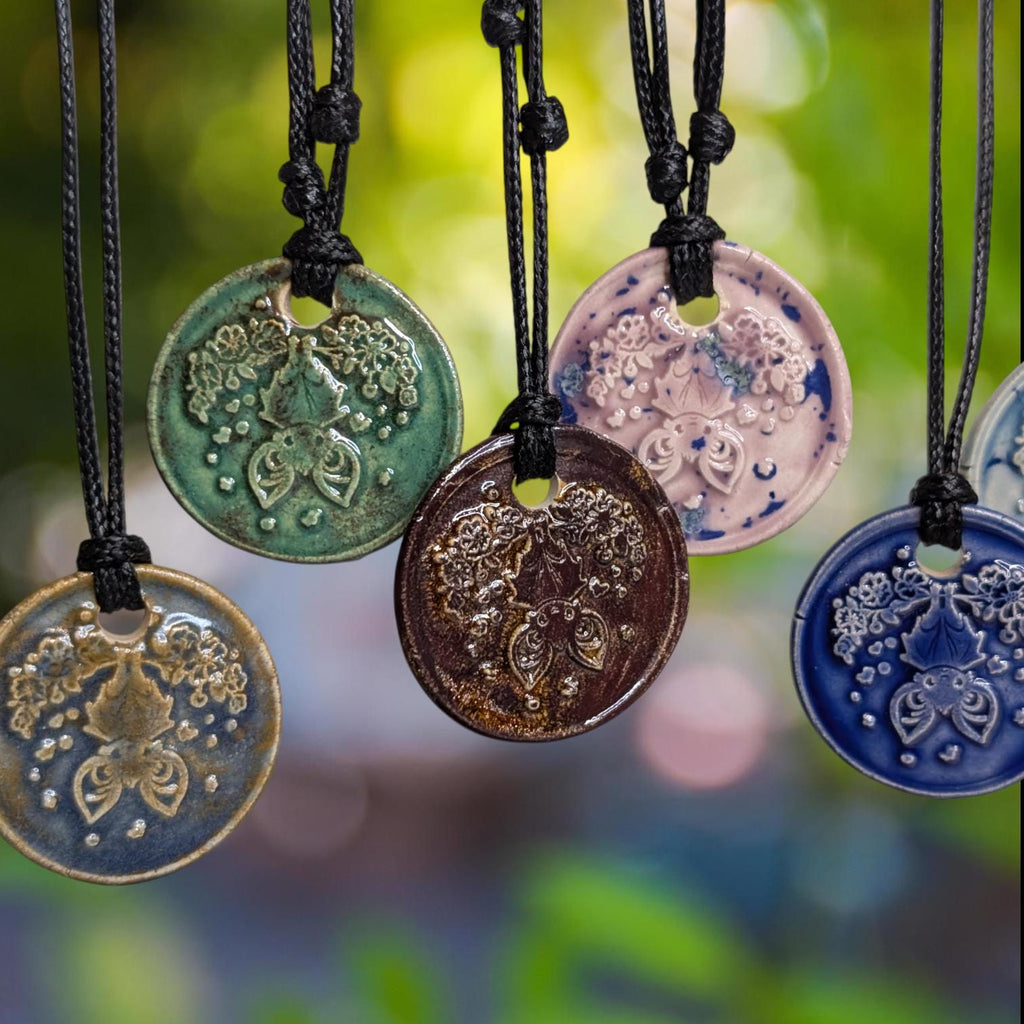 NoctemPottery Upside Down Bat Floral Ceramic Wax Seal Pendant Necklace