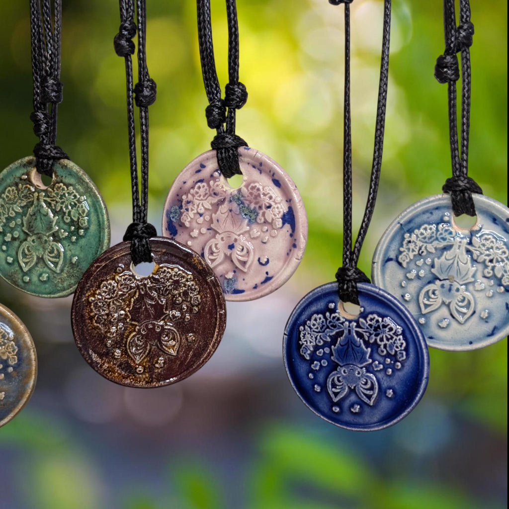 NoctemPottery Upside Down Bat Floral Ceramic Wax Seal Pendant Necklace