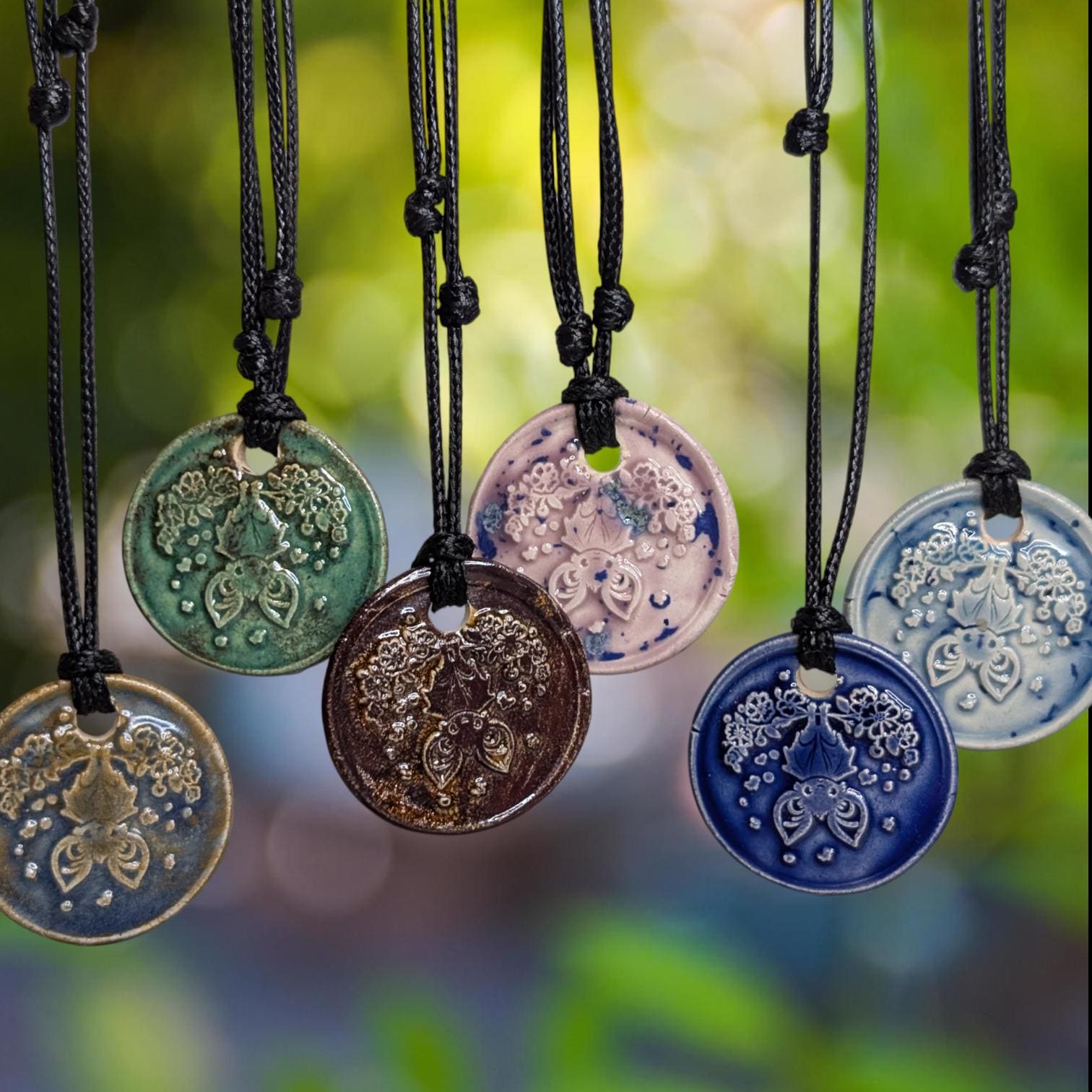 NoctemPottery Upside Down Bat Floral Ceramic Wax Seal Pendant Necklace