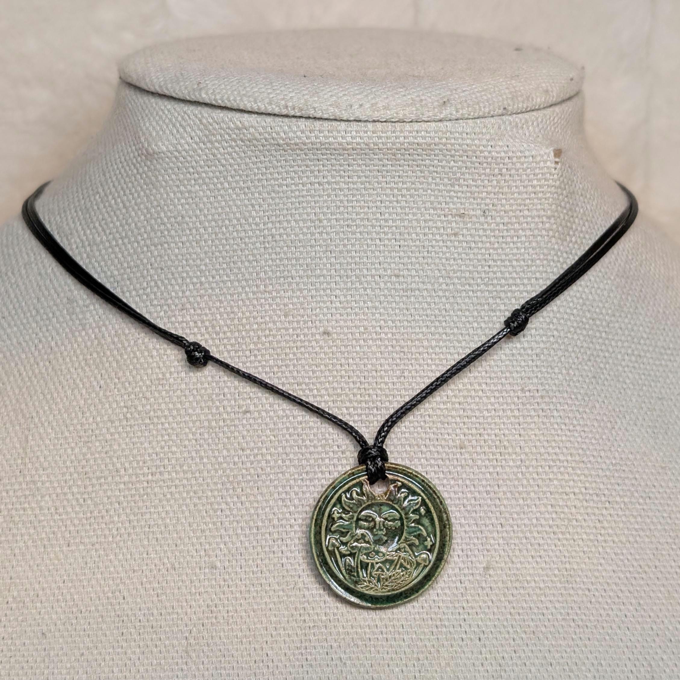 NoctemPottery Ceramic Sun and Mushroom Wax Seal Pendant Necklace Adjustable Cord