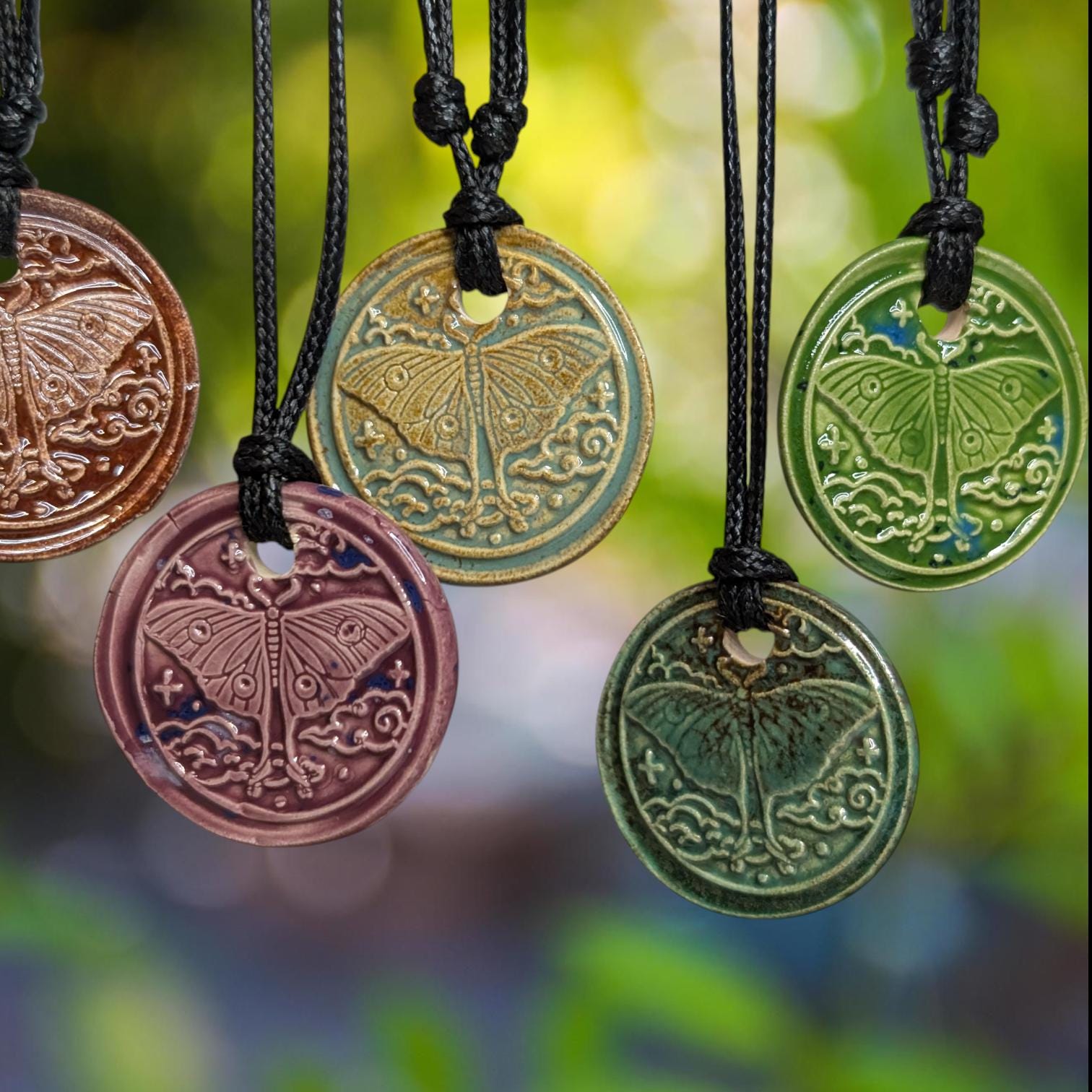NoctemPottery Luna Moth Celestial Cloud Ceramic Wax Seal Pendant Necklace Adjustable Cord
