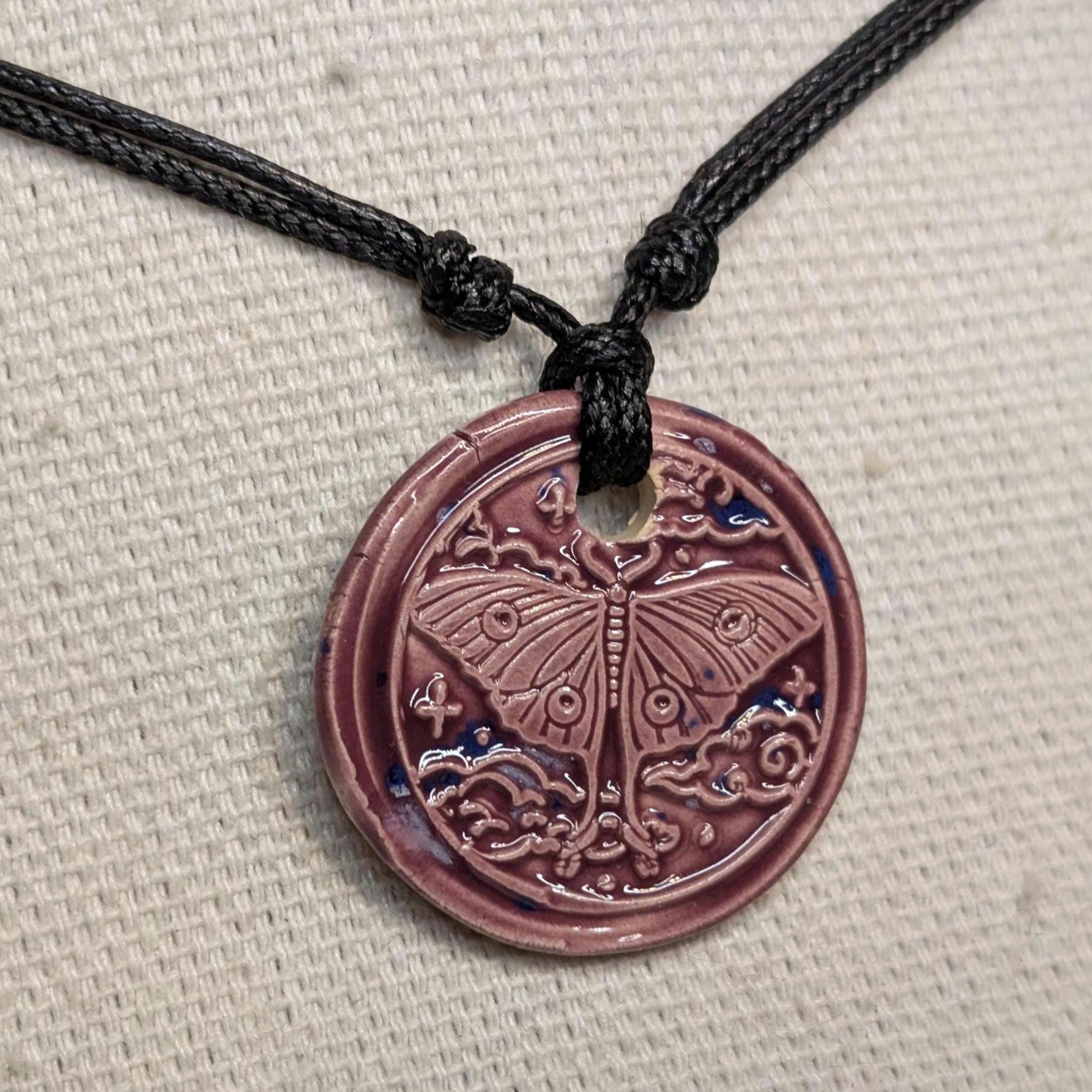 NoctemPottery Luna Moth Celestial Cloud Ceramic Wax Seal Pendant Necklace Adjustable Cord