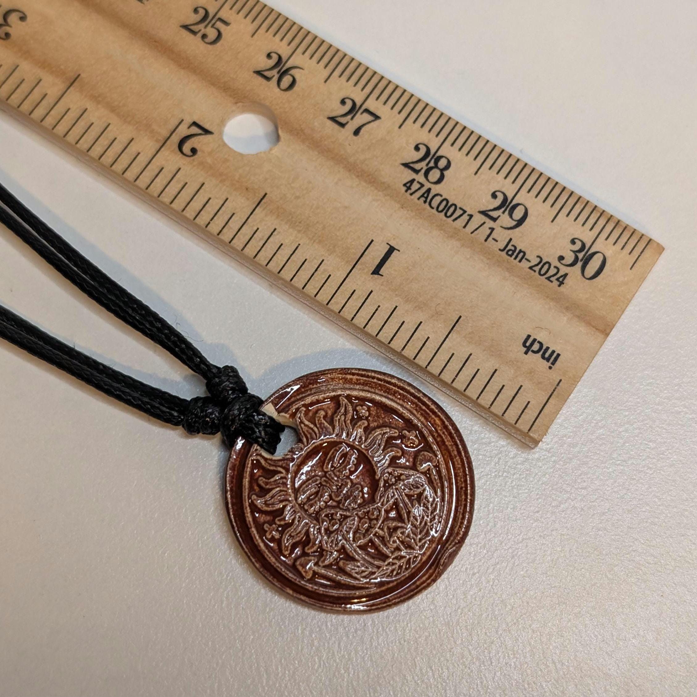 NoctemPottery Ceramic Sun and Mushroom Wax Seal Pendant Necklace Adjustable Cord