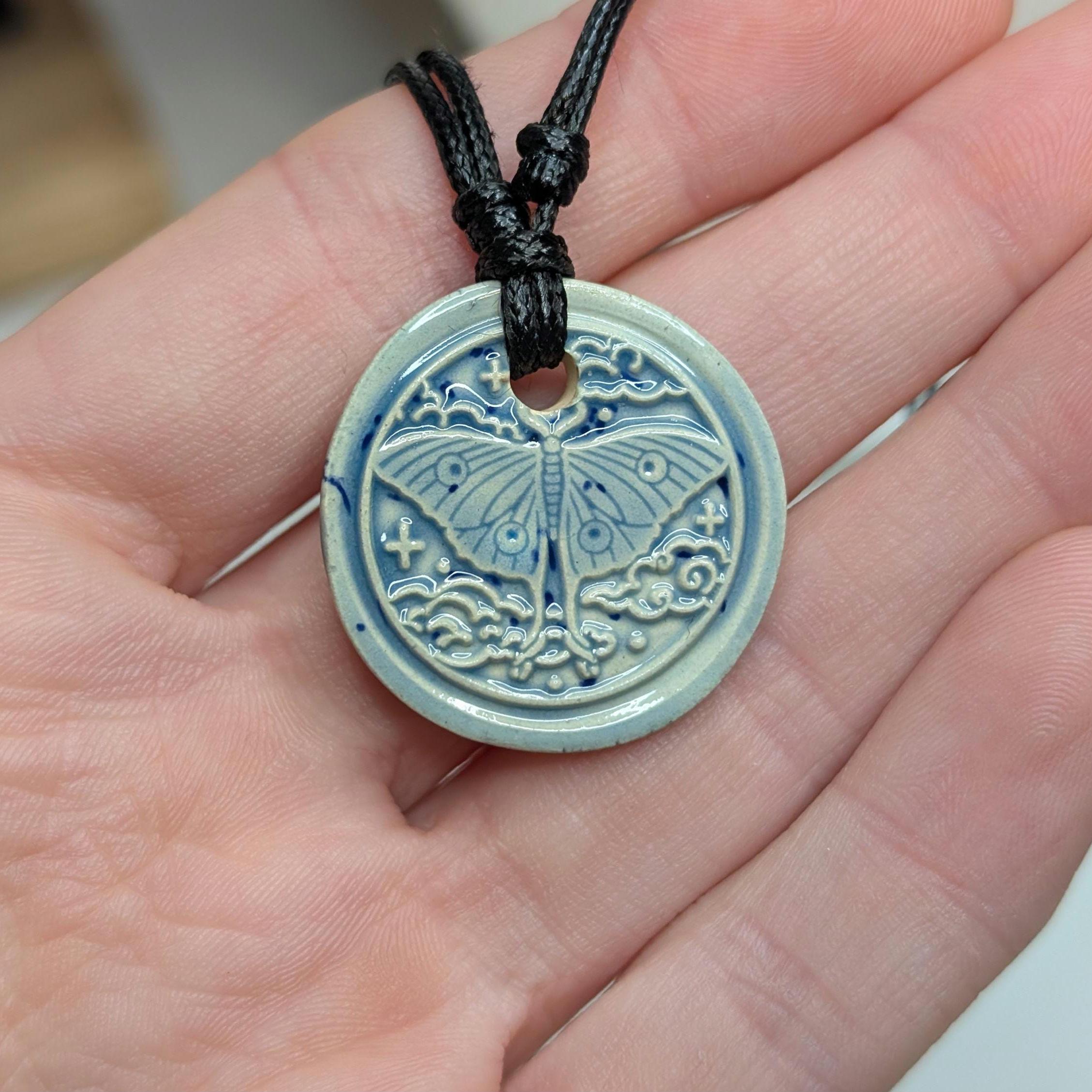 NoctemPottery Luna Moth Celestial Cloud Ceramic Wax Seal Pendant Necklace Adjustable Cord