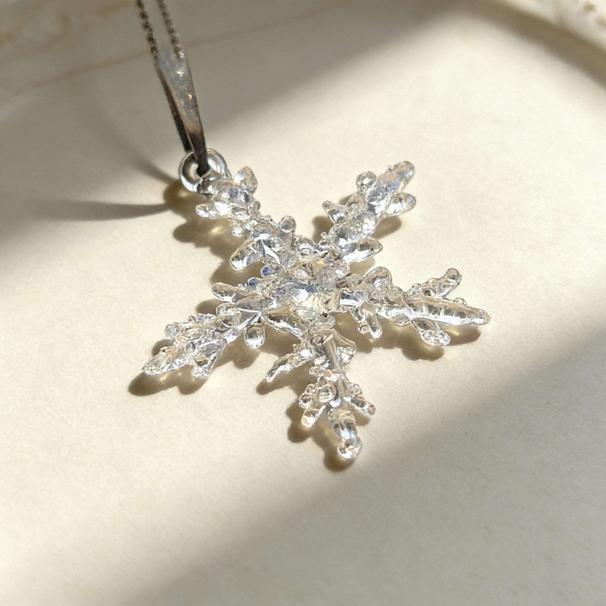 MourningGardenStudio Lampwork Glass Snowflake Pendant Handmade Clear Charm