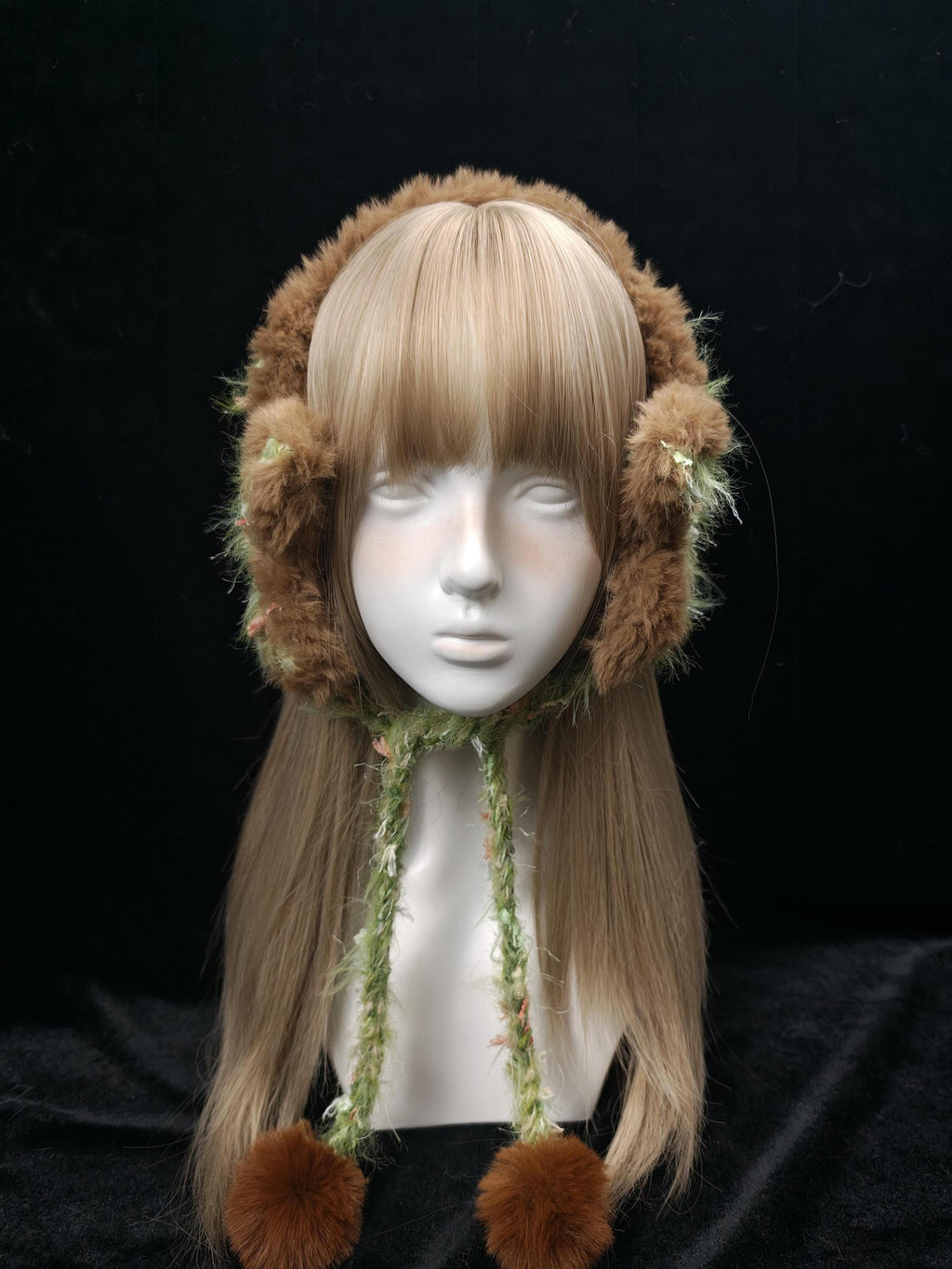 StellarPride Star Ear Muffs Brown Faux Fur Green Yarn