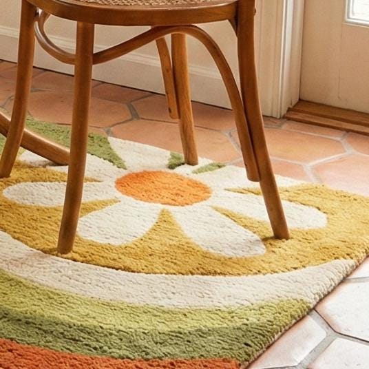 RugverseCreations Retro 70s Floral Hand Tufted Wool Rug Psychedelic Petal Pattern