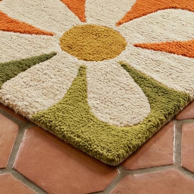 RugverseCreations Retro 70s Floral Hand Tufted Wool Rug Psychedelic Petal Pattern