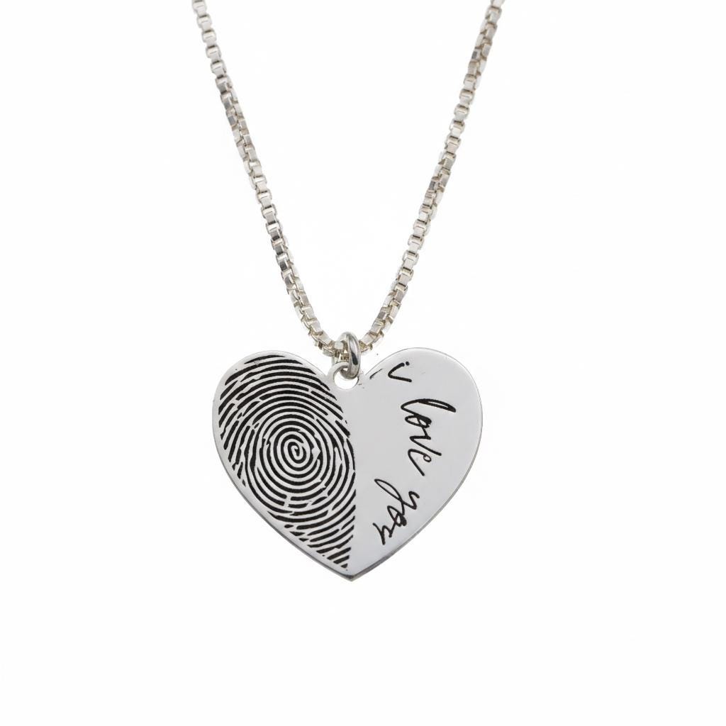 Personalized Fingerprint Necklace: Heart Shape Sterling Silver Custom Pendant