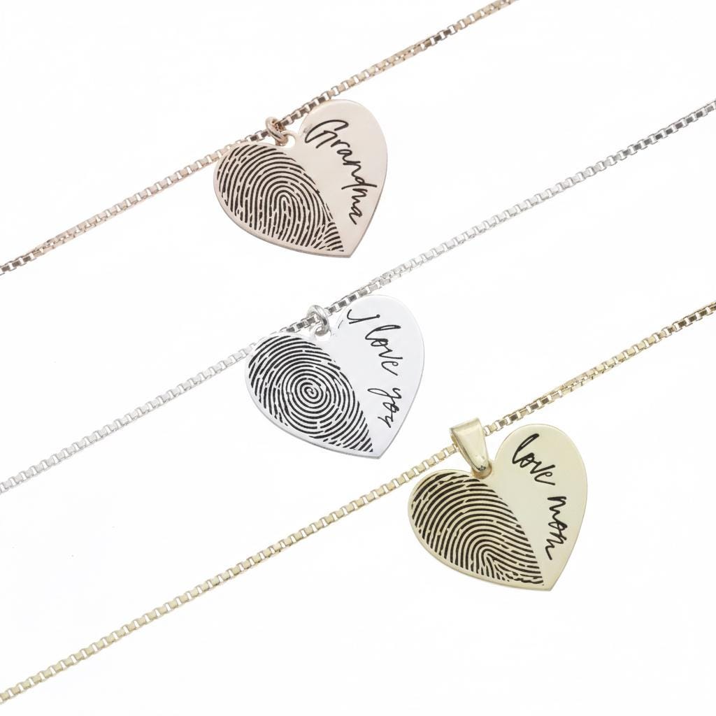 Personalized Fingerprint Necklace: Heart Shape Sterling Silver Custom Pendant