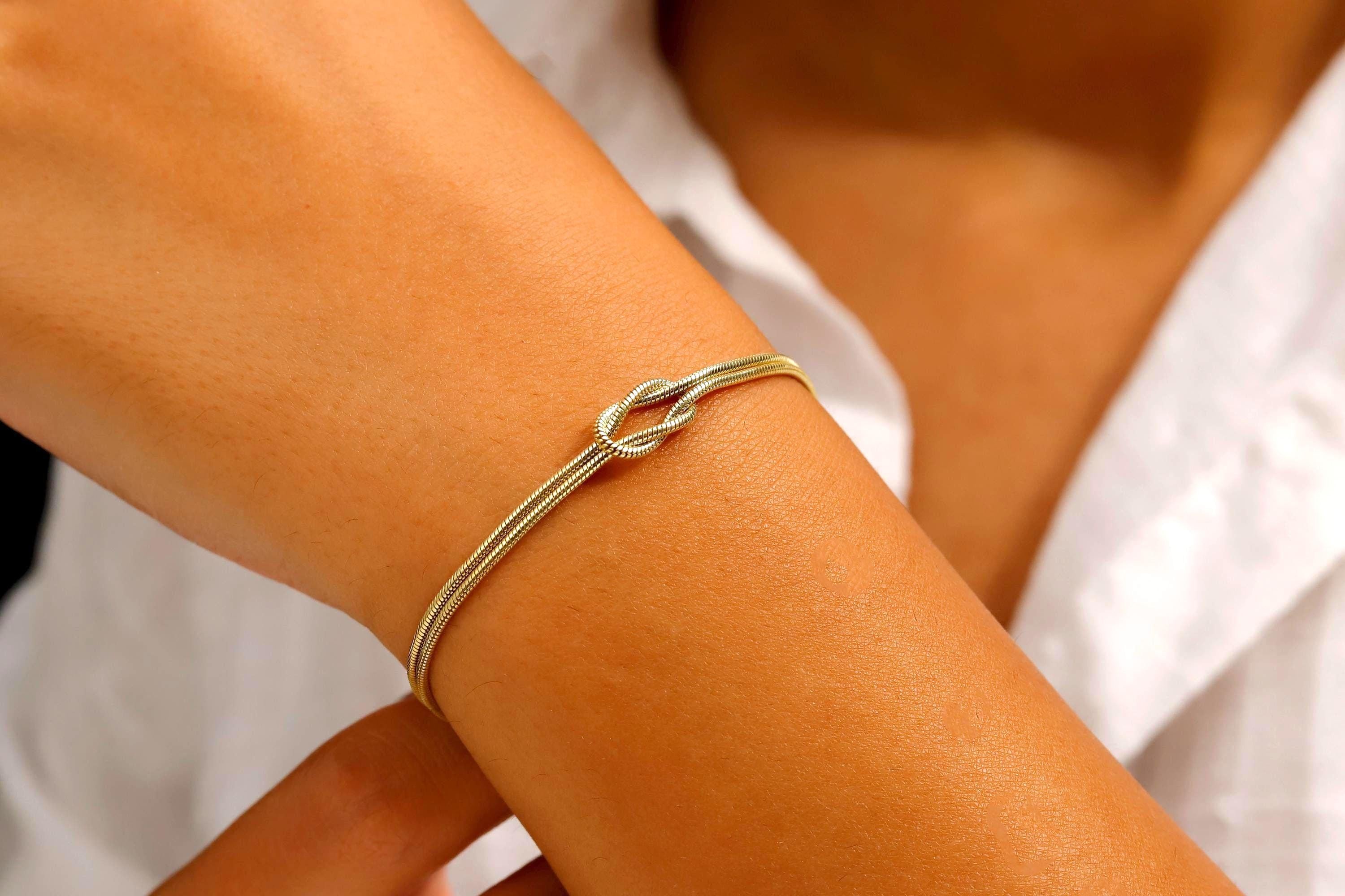 SilverGoldandRose 14K Gold Love Knot Bracelet Dainty Snake Chain
