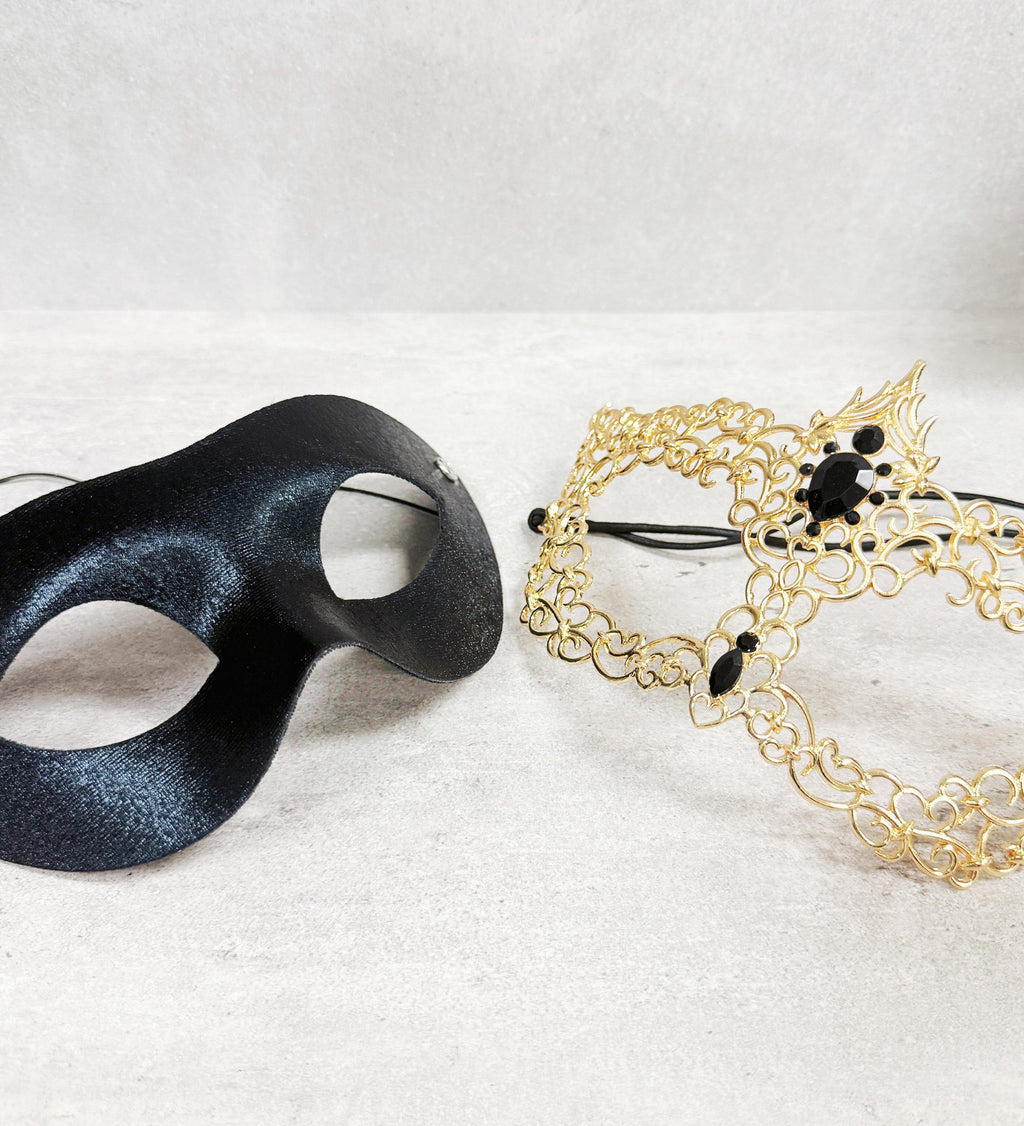 Gold Black Rhinestone Men's Masquerade Mask 2 in 1 Venetian