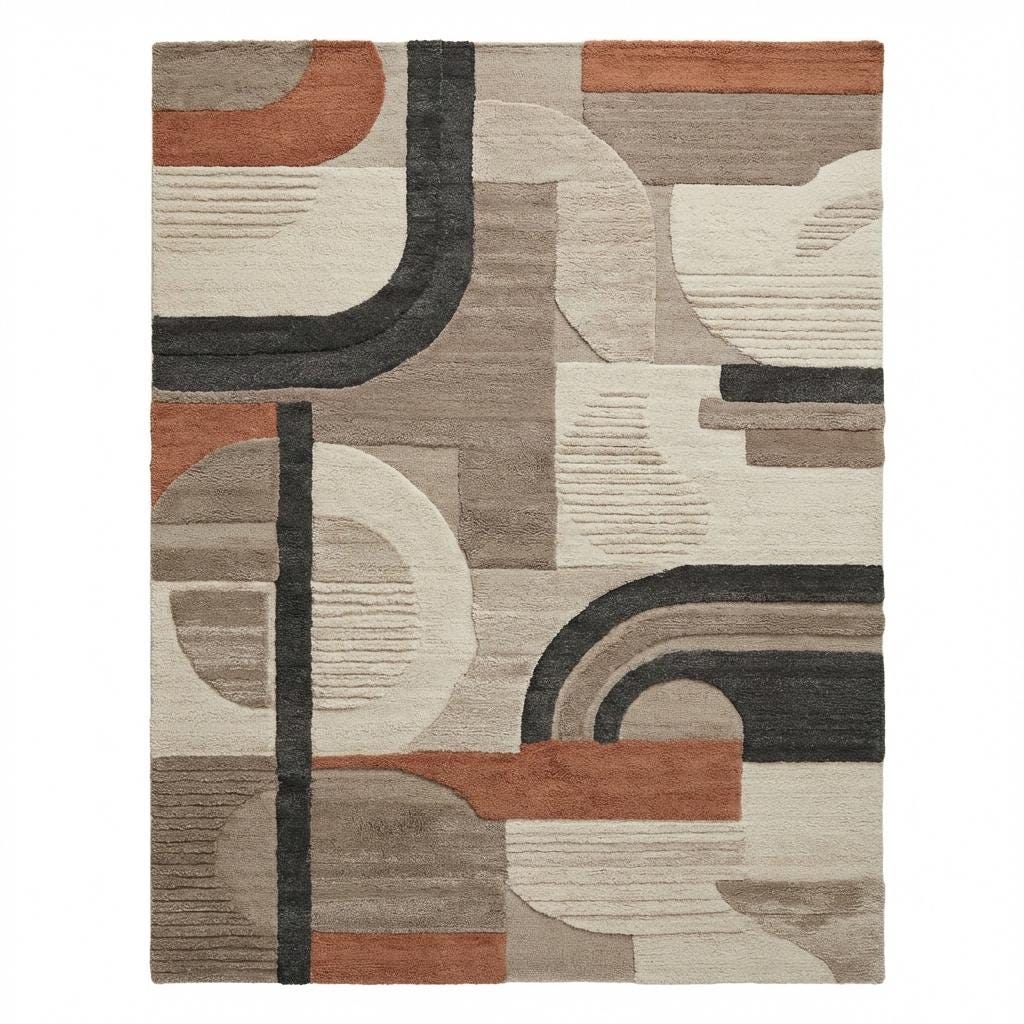 RugverseCreations Hand Tufted Geometric Wool Rug Abstract Bauhaus Beige Rust Grey