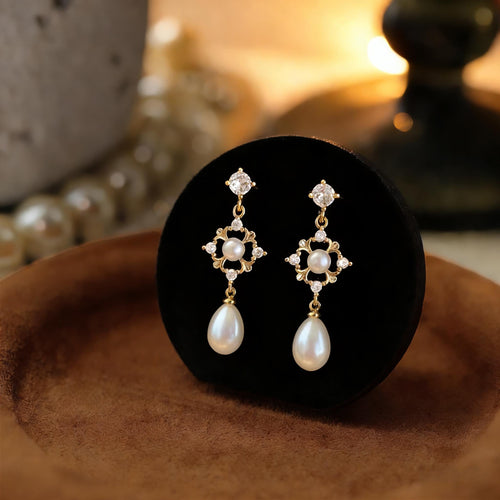 EcloraTreasures Freshwater Pearl Drop Earrings 7mm Gold Tone Bridal