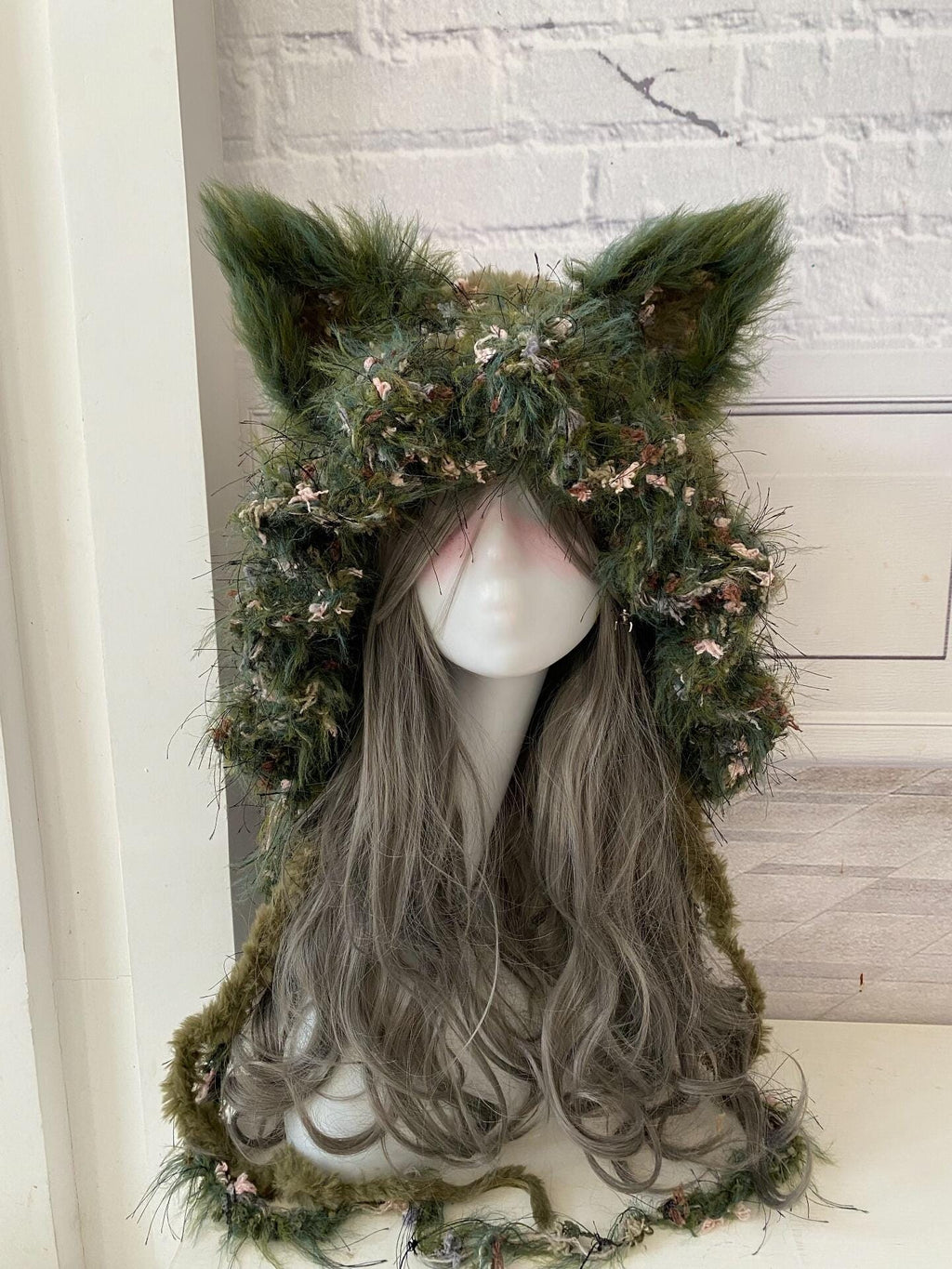 StellarPride Moss Green Cat Ear Hood Fuzzy Knit Fairycore Beanie