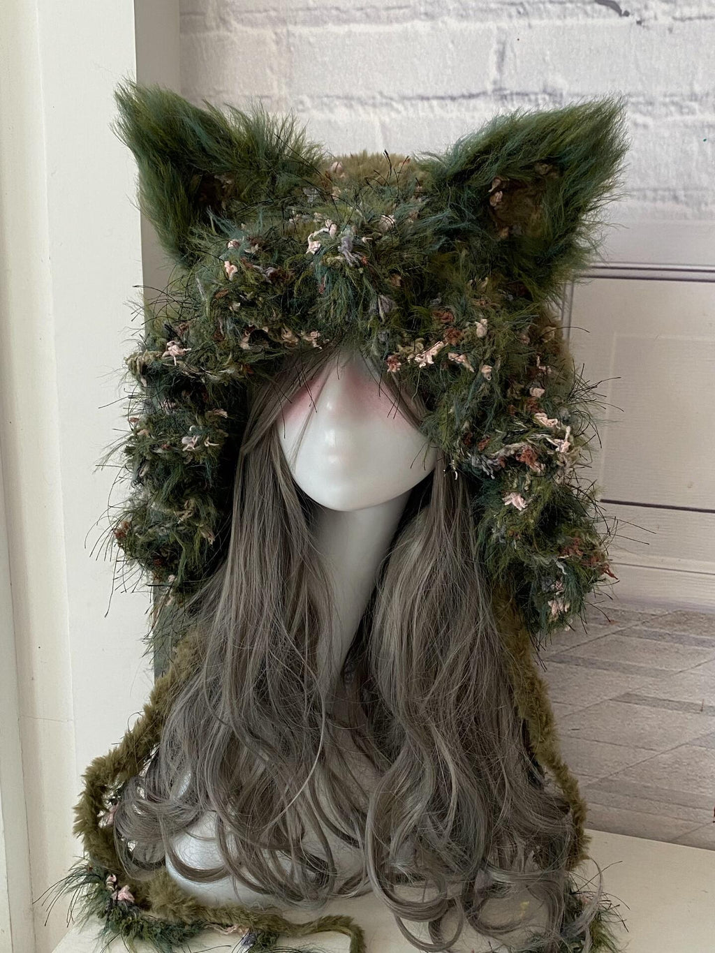 StellarPride Moss Green Cat Ear Hood Fuzzy Knit Fairycore Beanie