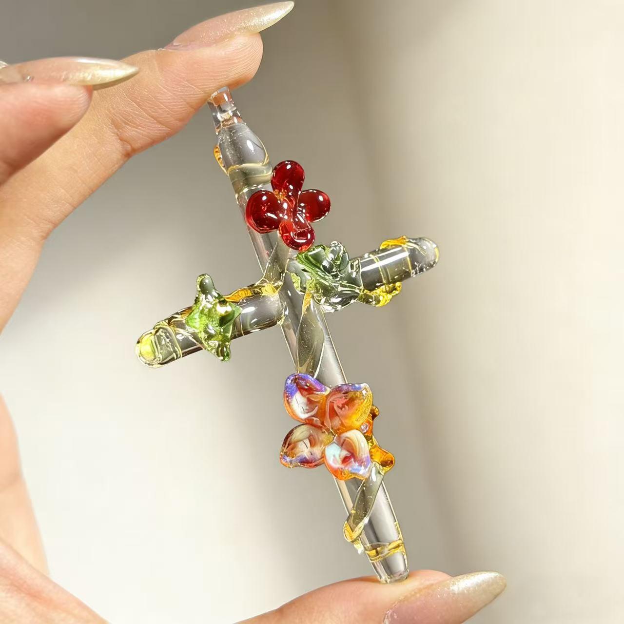 MourningGardenStudio Handmade Lampwork Glass Cross Pendant Clear Floral Vine