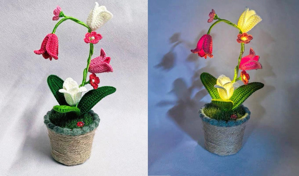 CrochetRecipe Handmade Lily of the Valley Potted Plant LED Lamp 8in White