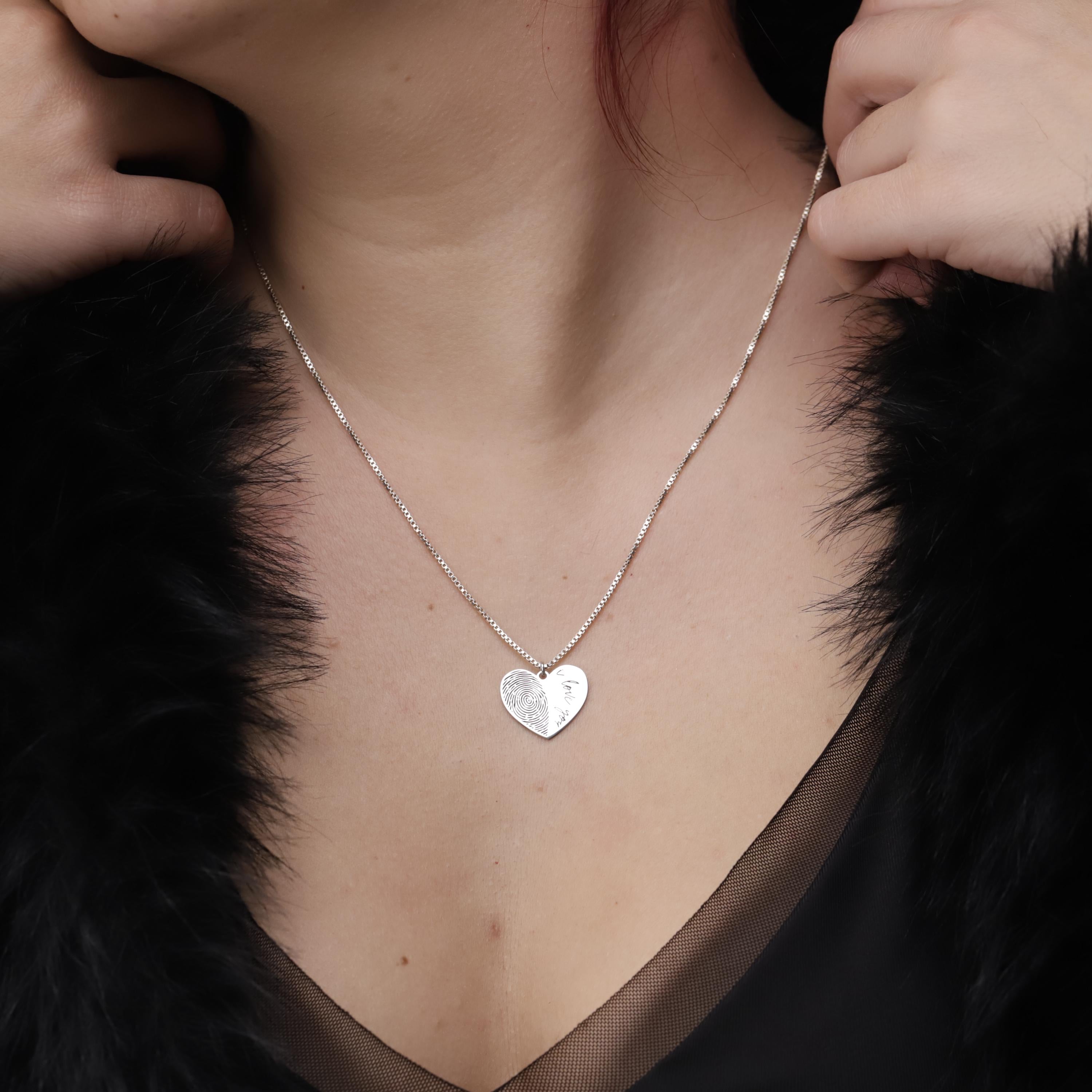 Personalized Fingerprint Necklace: Heart Shape Sterling Silver Custom Pendant