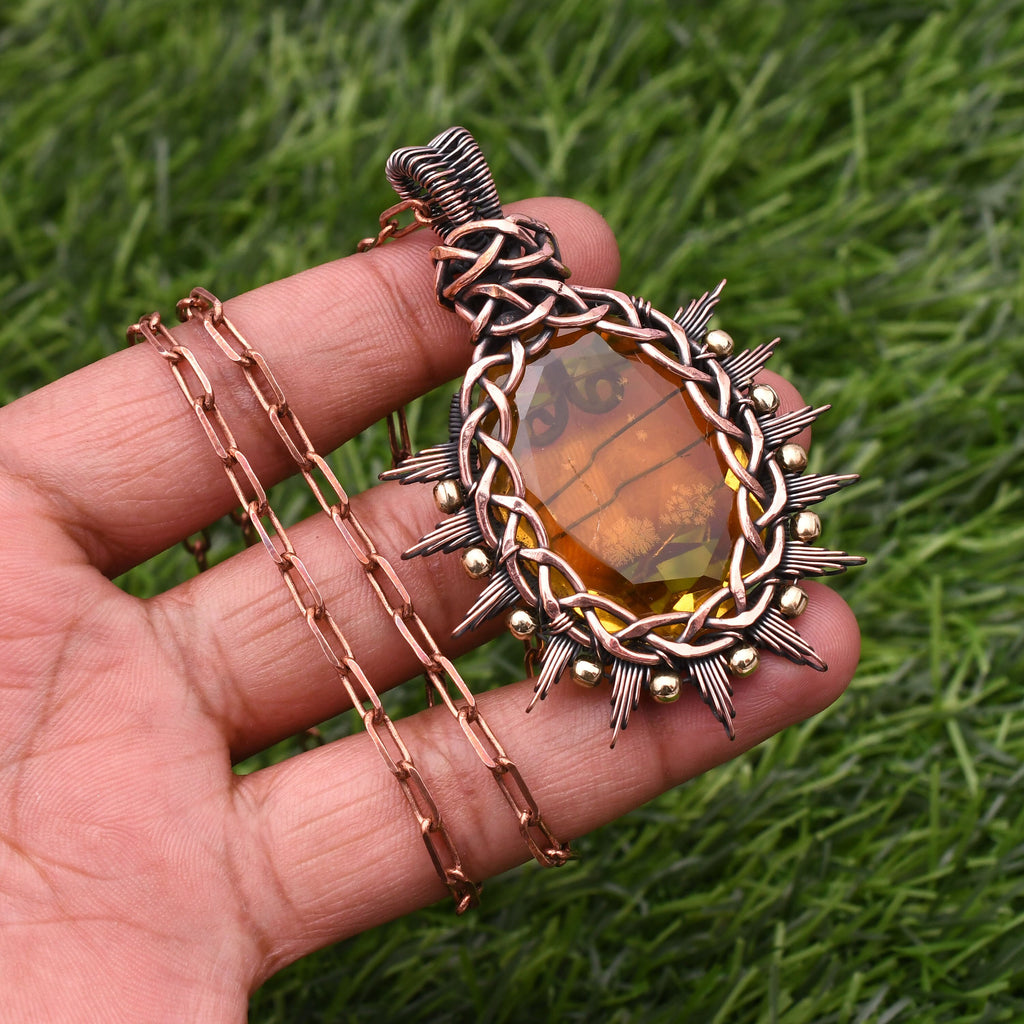 EkkJewels Handmade Copper Wire Wrapped Citrine Pendant Necklace