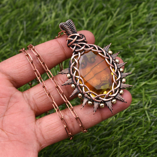 EkkJewels Handmade Copper Wire Wrapped Citrine Pendant Necklace