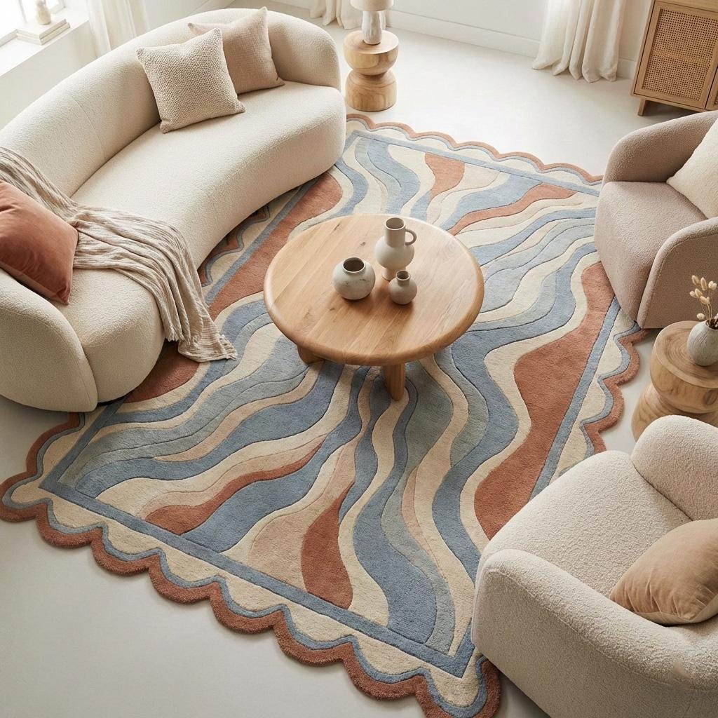 RugverseCreations Wavy Edge Hand-Tufted Wool Area Rug Retro 70s