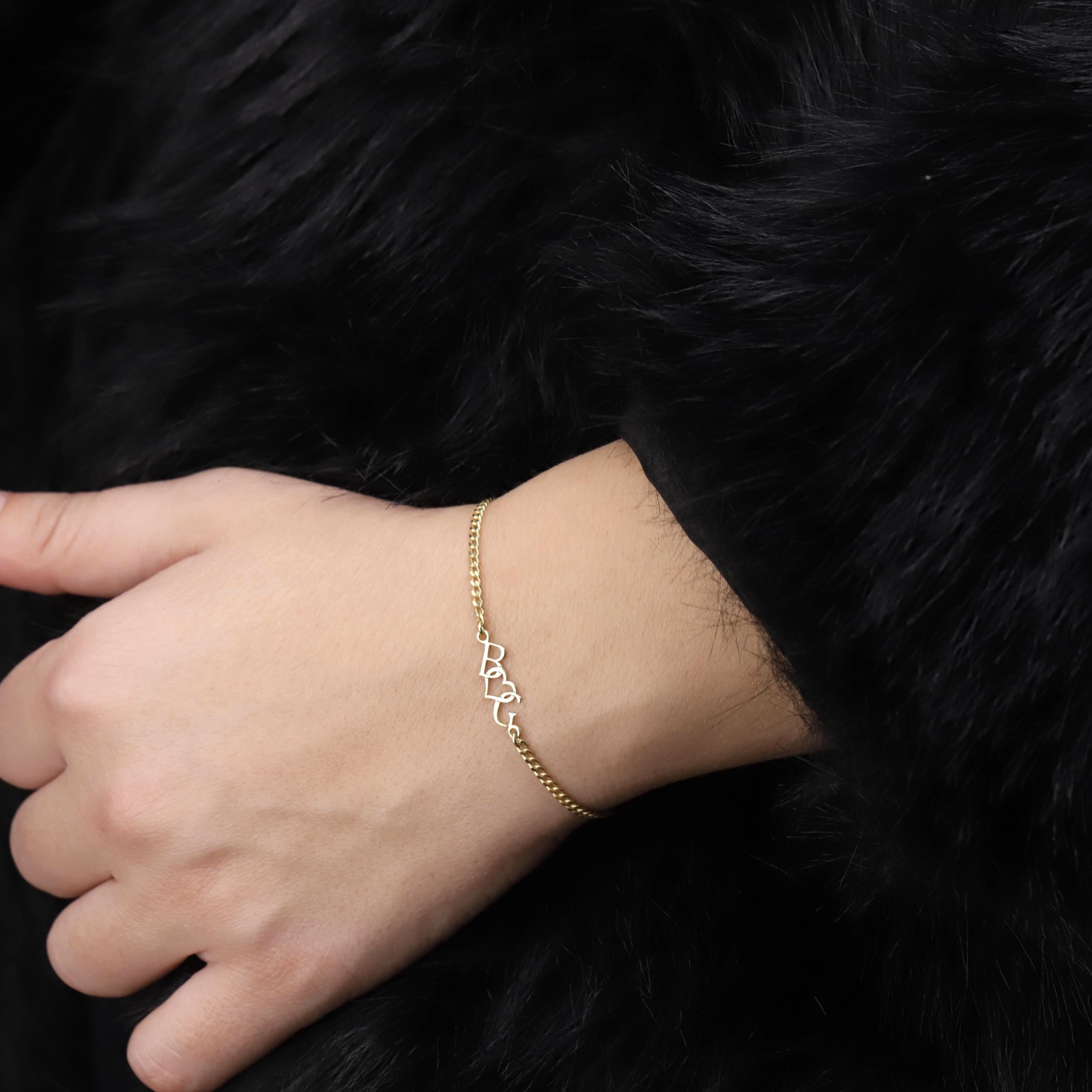 SilverGoldandRose Dainty Intertwined Initials Heart Bracelet Sterling Silver