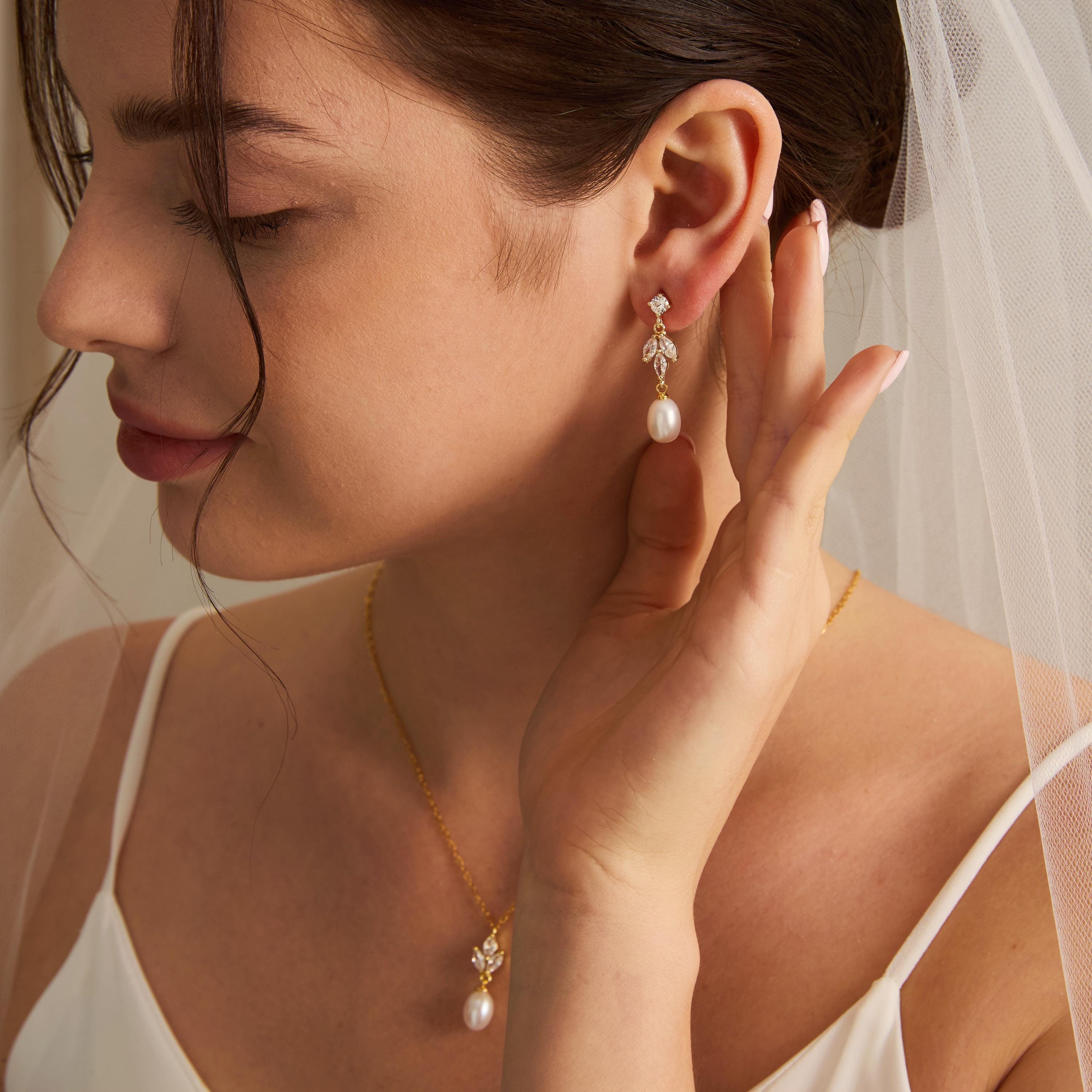Natural Freshwater Pearl CZ Leaf Drop Earrings