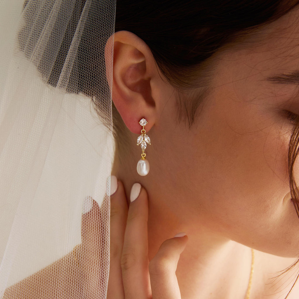 Natural Freshwater Pearl CZ Leaf Drop Earrings