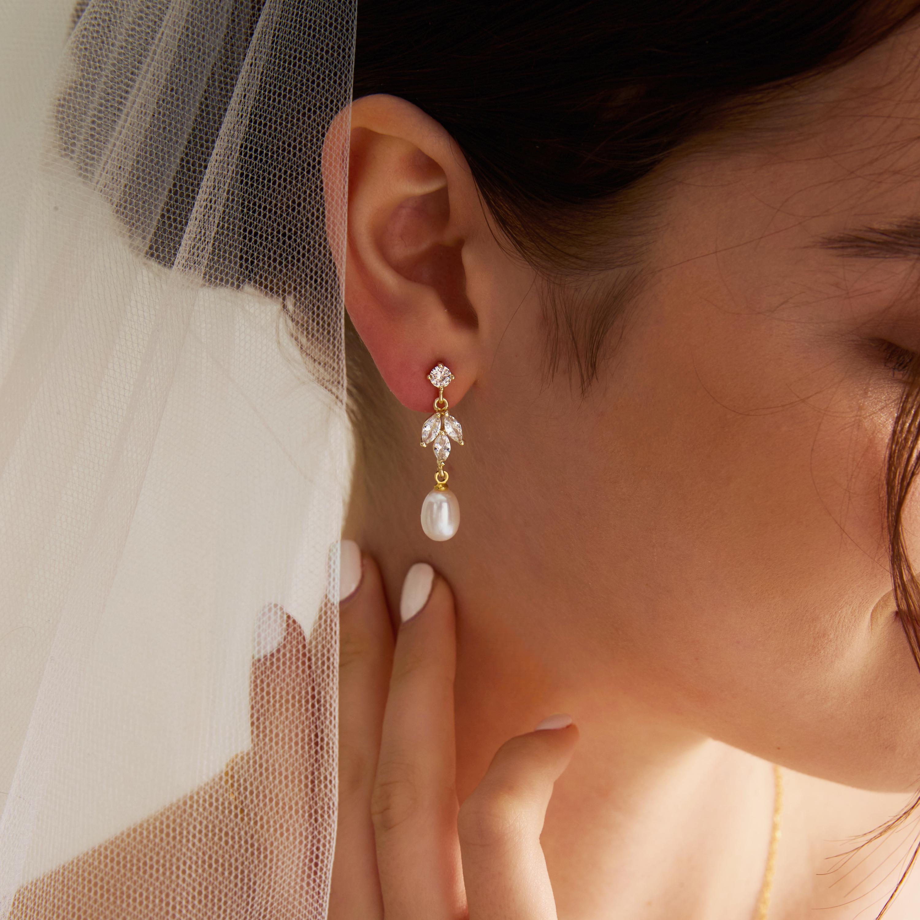 Natural Freshwater Pearl CZ Leaf Drop Earrings