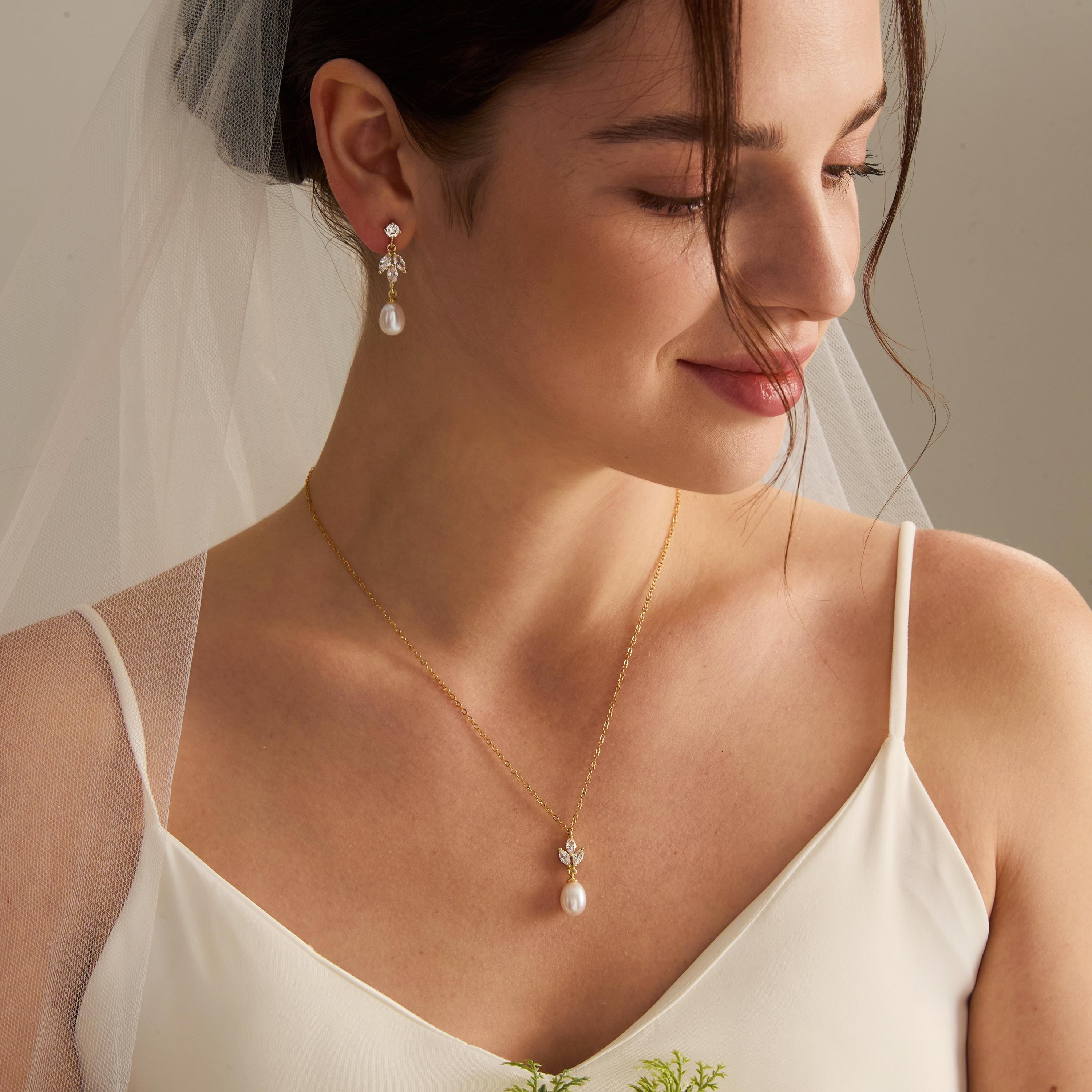 Natural Freshwater Pearl CZ Leaf Drop Earrings