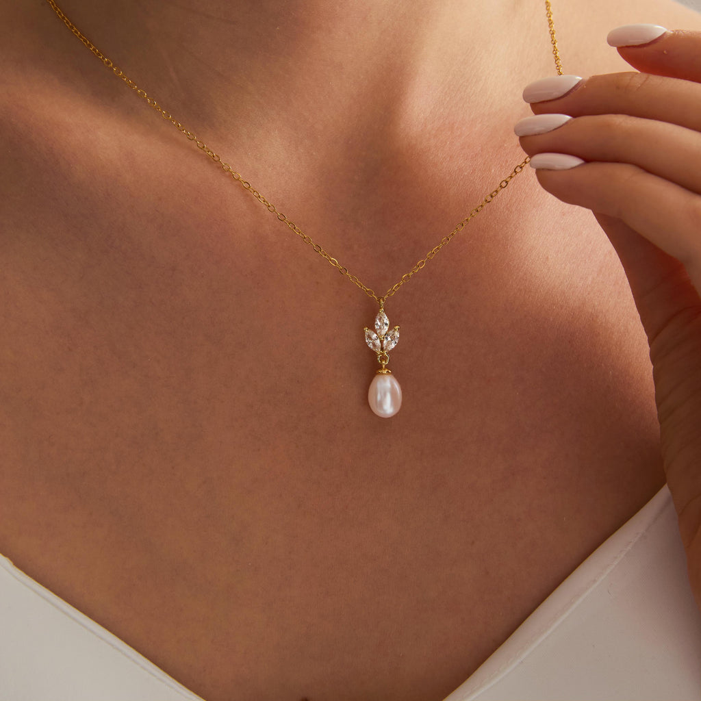 Natural Freshwater Pearl CZ Leaf Drop Earrings