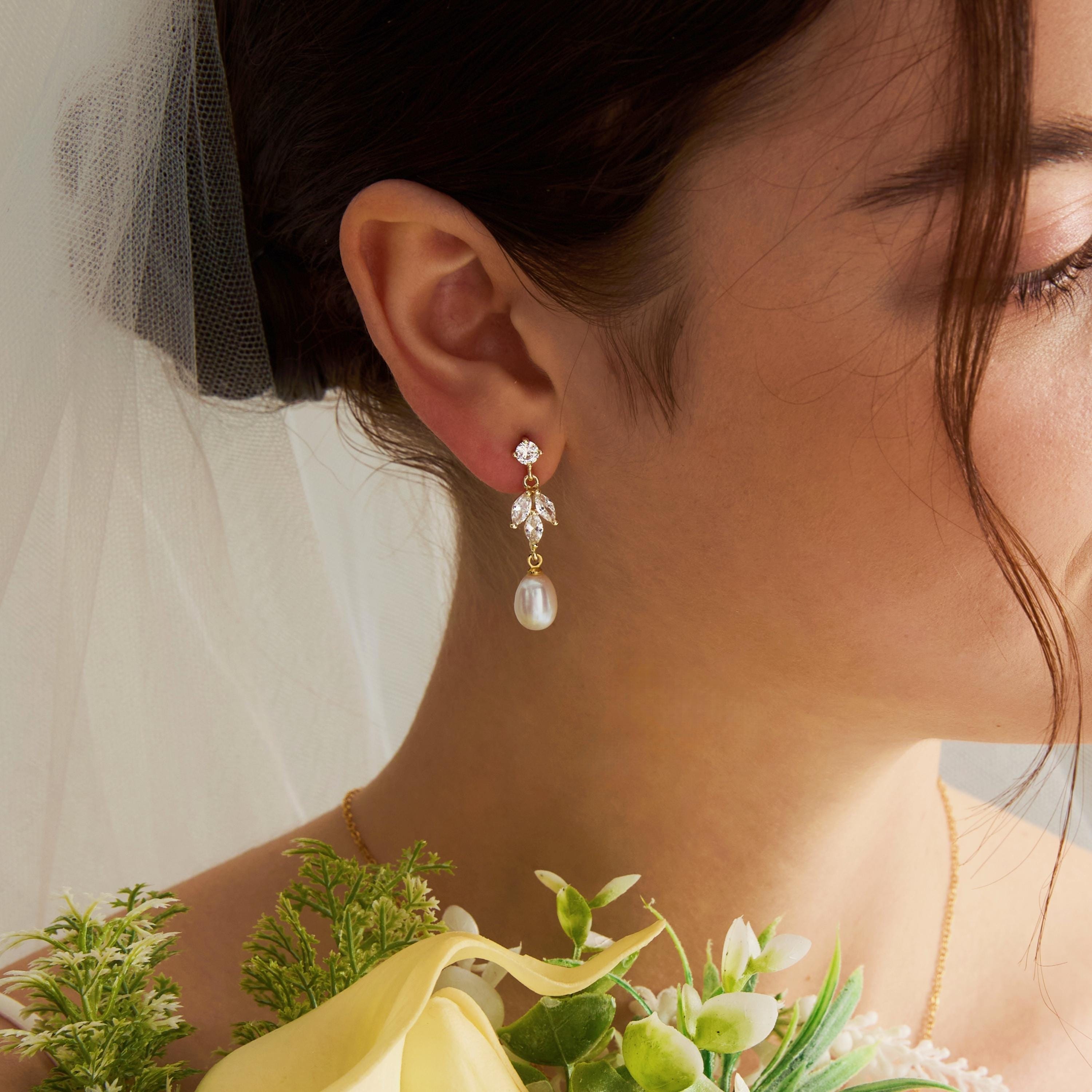 Natural Freshwater Pearl CZ Leaf Drop Earrings