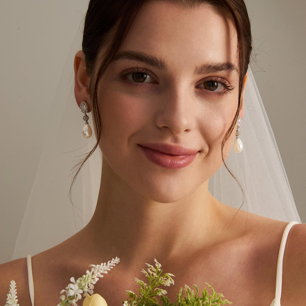 EcloraTreasures Minimalist Bridal Pearl and Crystal Drop Earrings