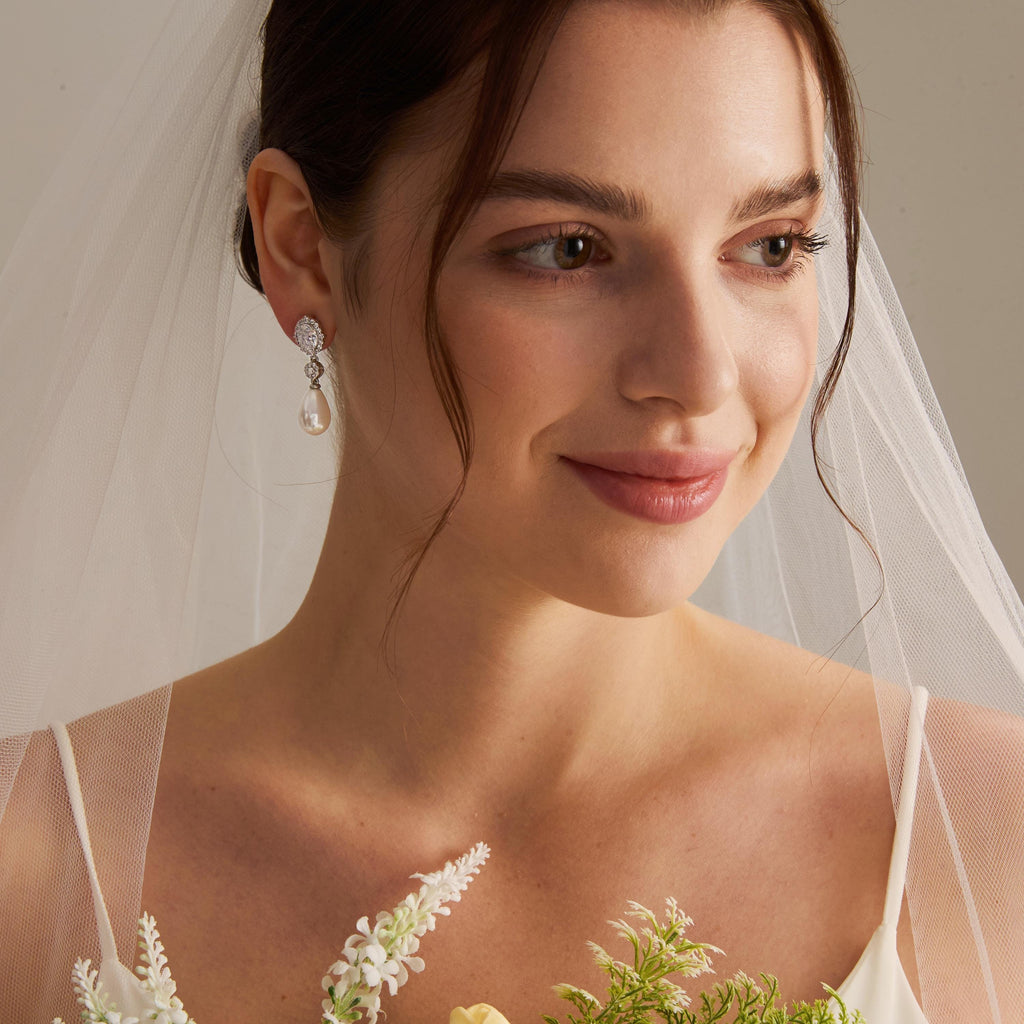 EcloraTreasures Minimalist Bridal Pearl and Crystal Drop Earrings
