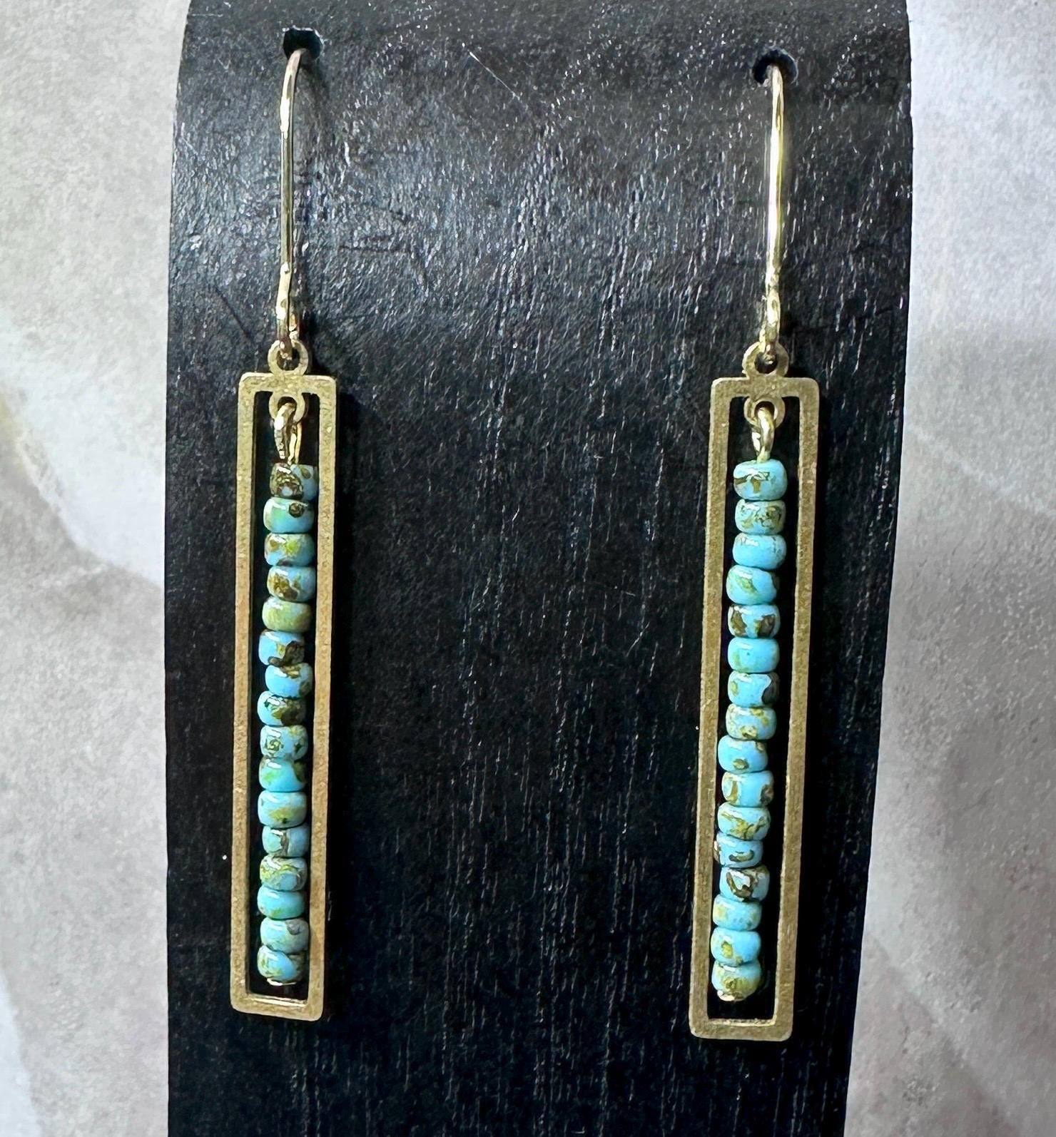 MossberryandStone Turquoise Bar Drop Earrings Gold Finish