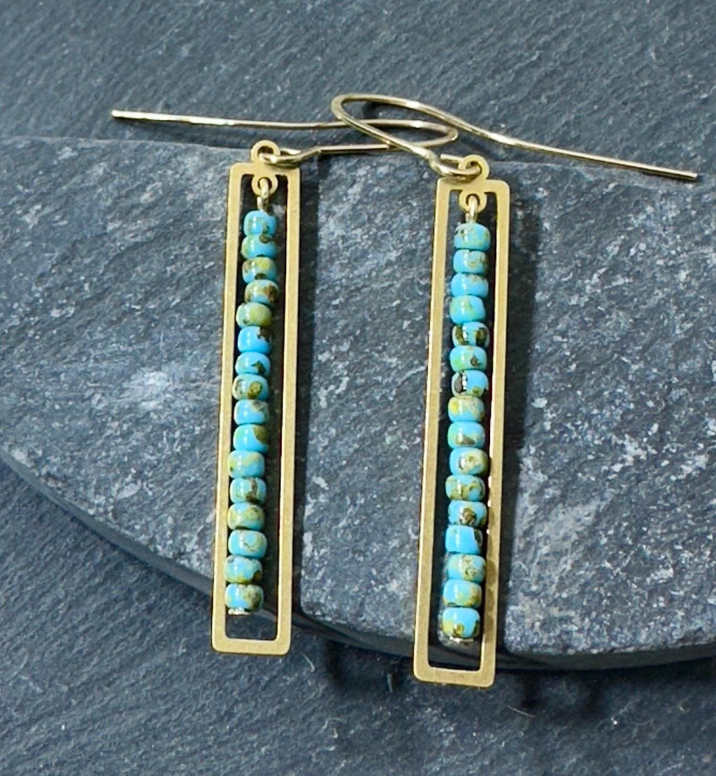 MossberryandStone Turquoise Bar Drop Earrings Gold Finish