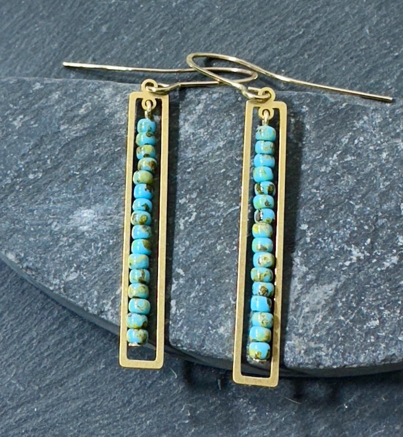 MossberryandStone Turquoise Bar Drop Earrings Gold Finish