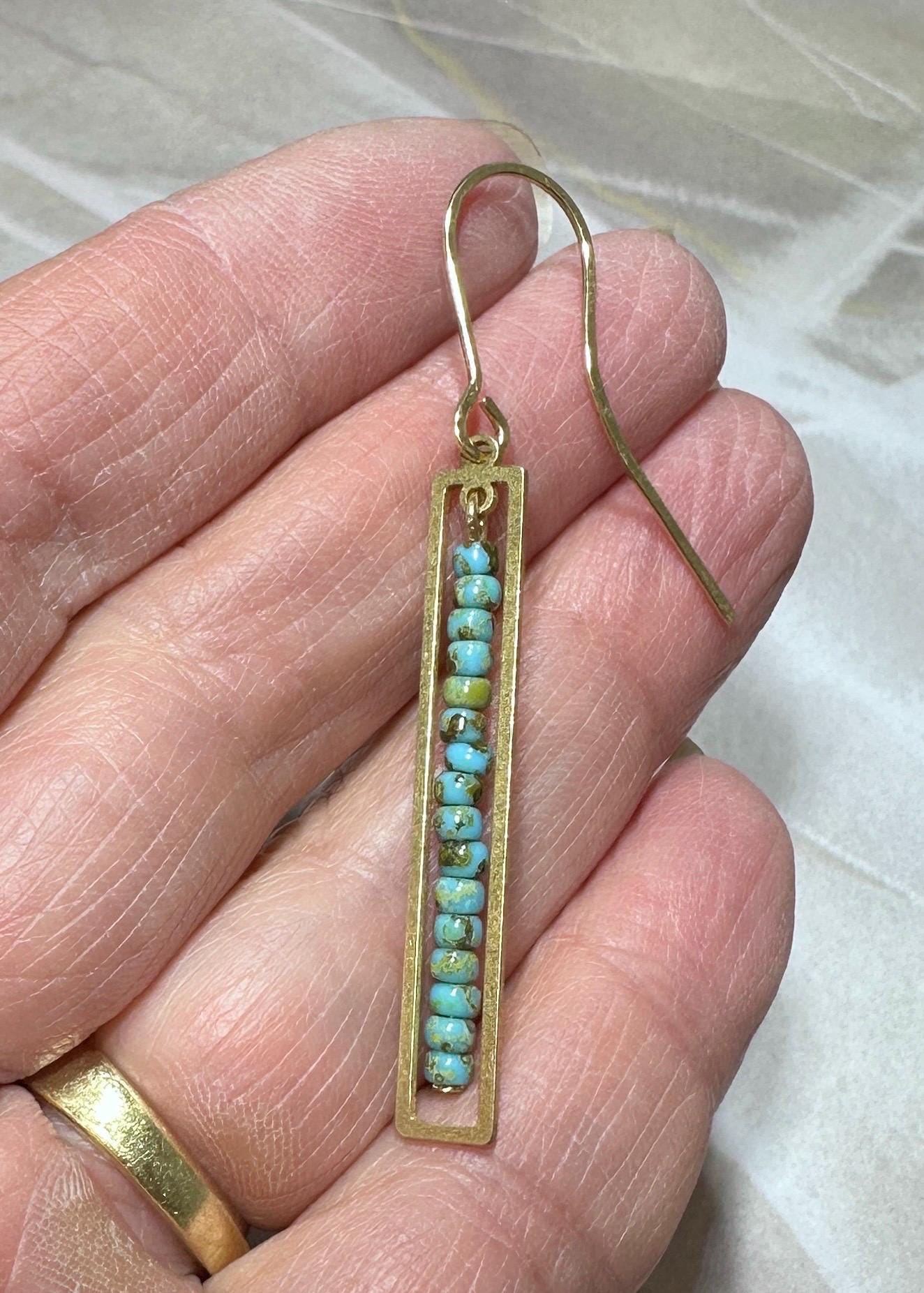 MossberryandStone Turquoise Bar Drop Earrings Gold Finish